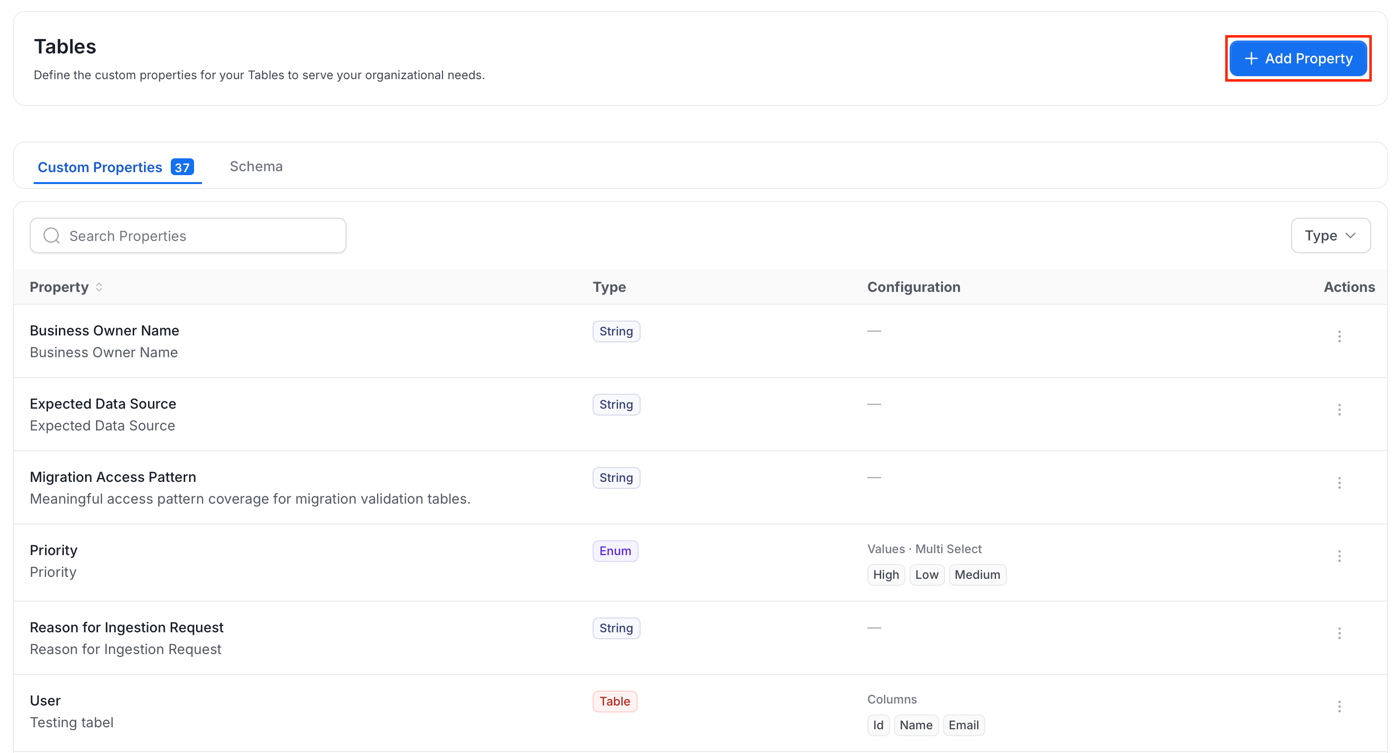 Asset type page with the Add Property button and the list of custom properties