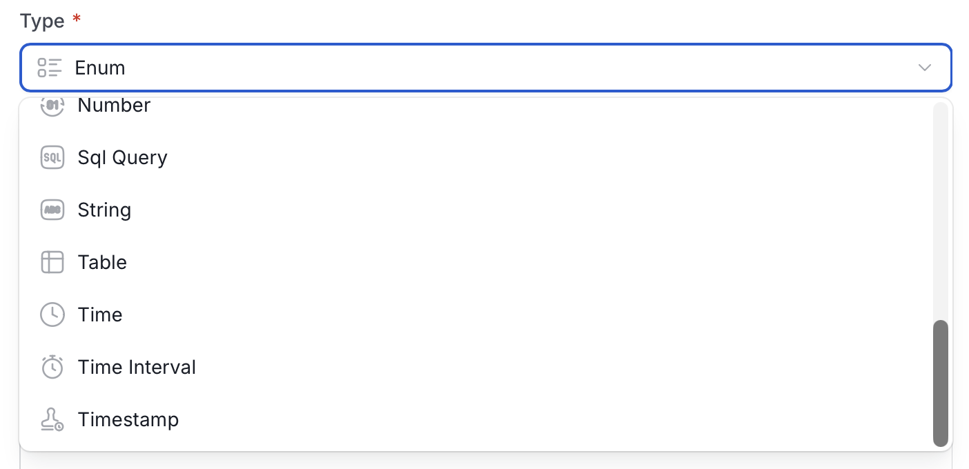 Type dropdown, part 3: Number through Timestamp