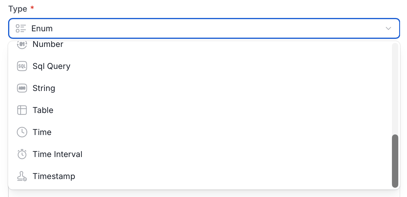 Type dropdown, part 3: Number through Timestamp