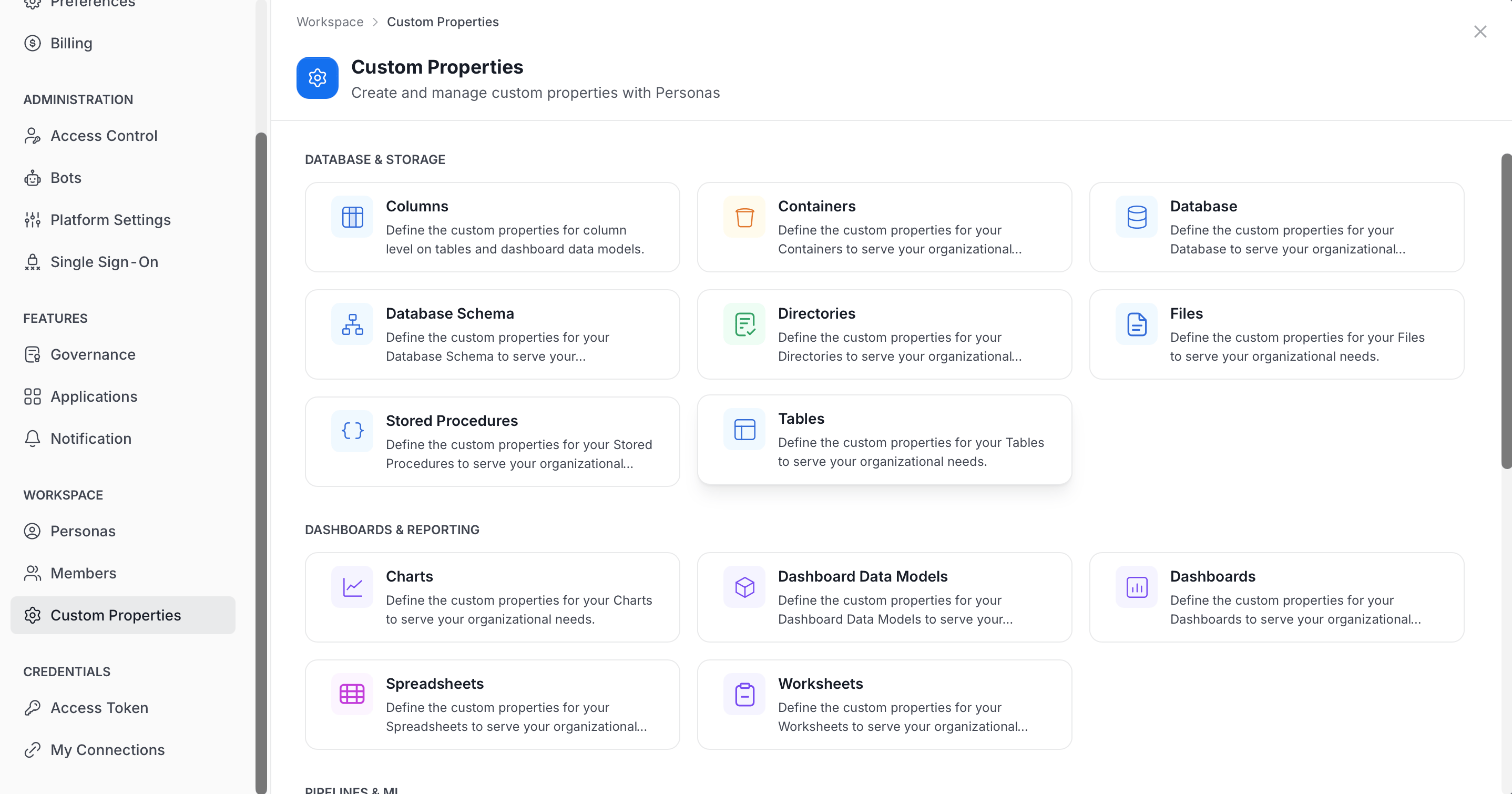 Custom Properties in the Workspace group of the Profile page