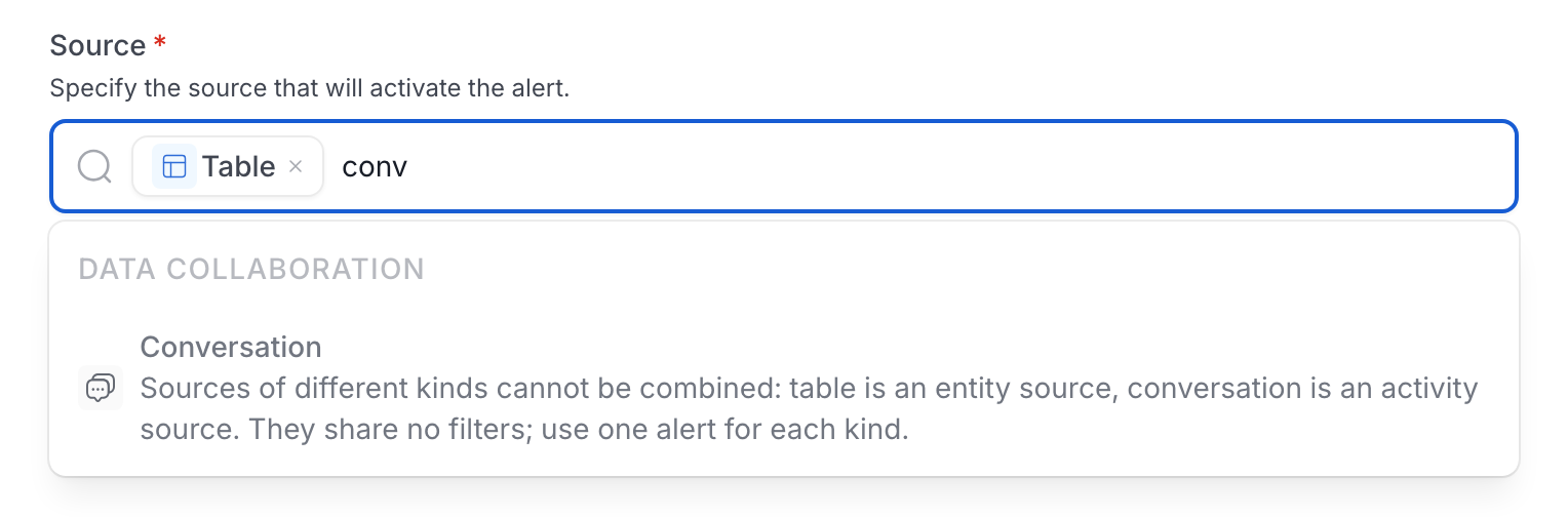 Source field with Table selected, and Conversation greyed out under Data Collaboration with the reason it can't be added