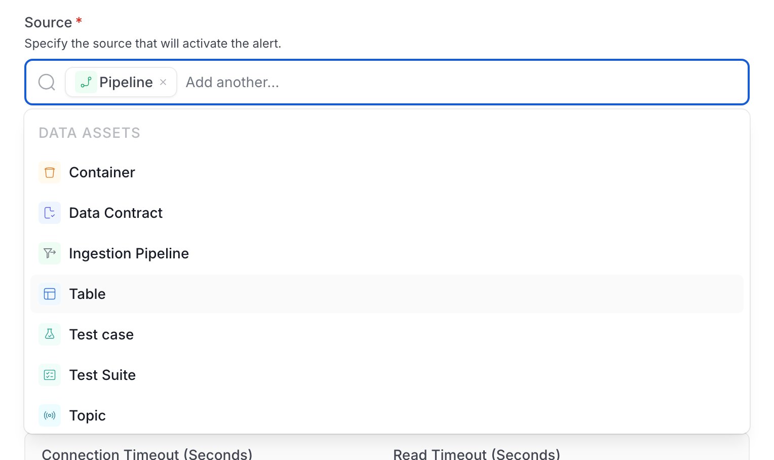 Source field with Pipeline selected and reading Add another, above the list of sources under Data Assets