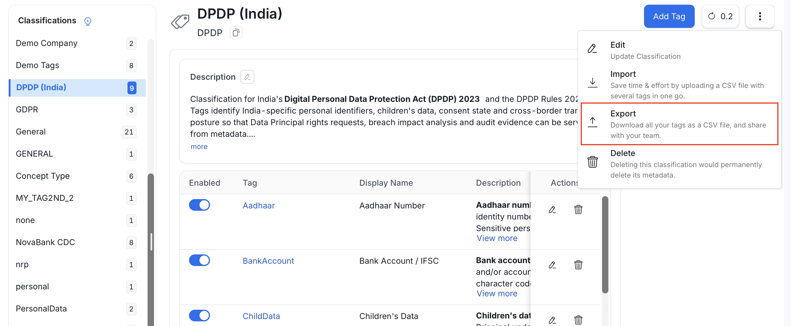 Export option in the classification menu
