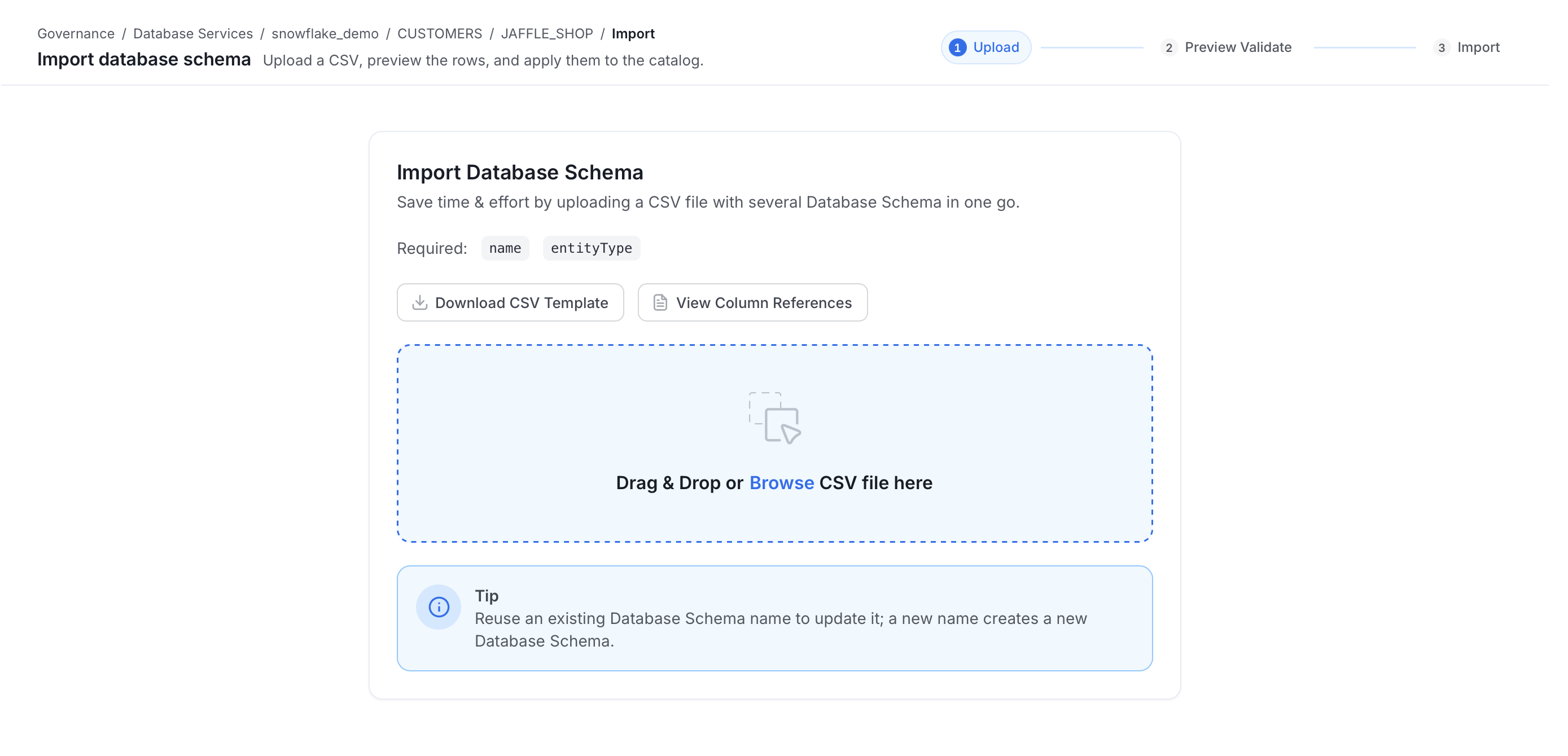 Upload the Database Schema CSV file