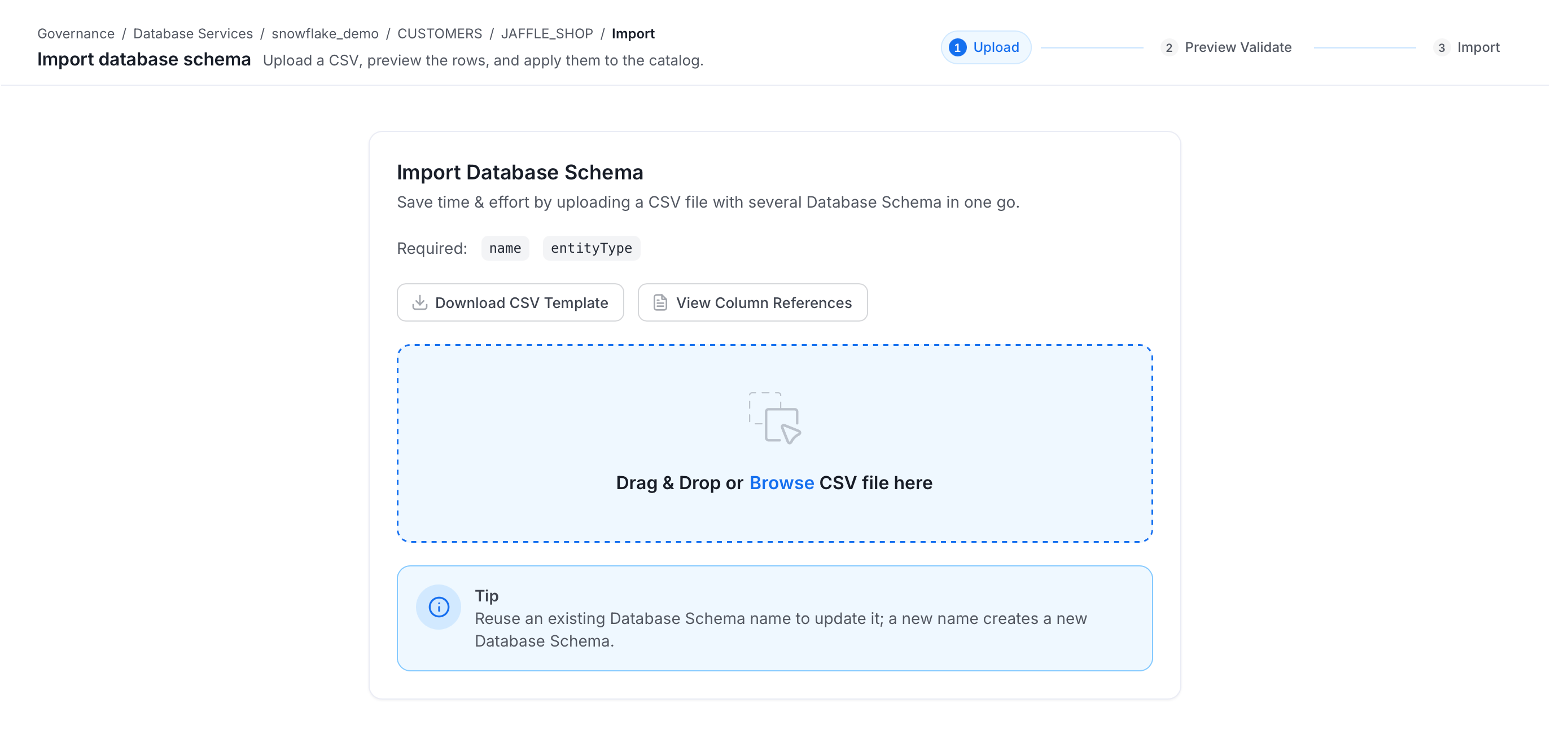 Upload the Database Schema CSV file