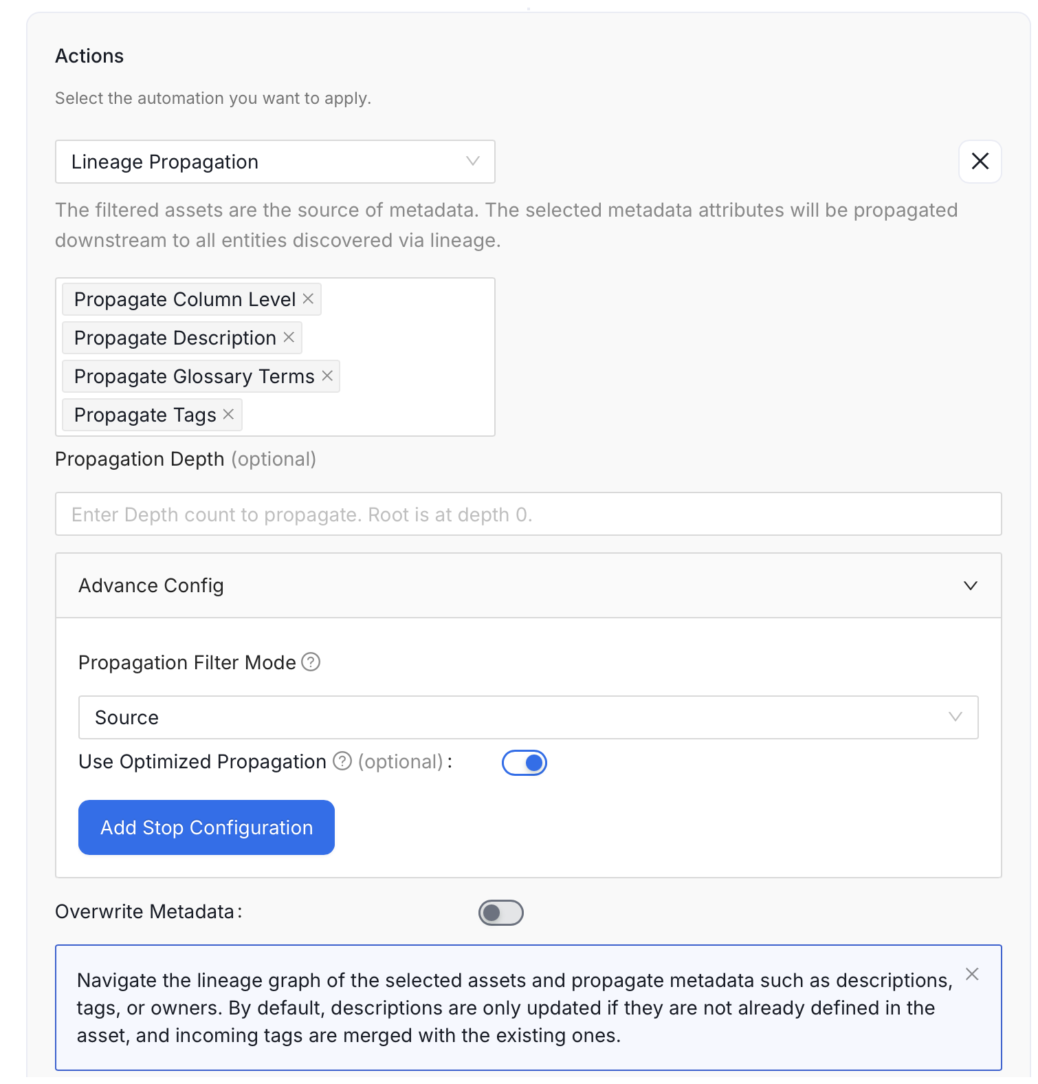 Default Lineage Propagation action configuration