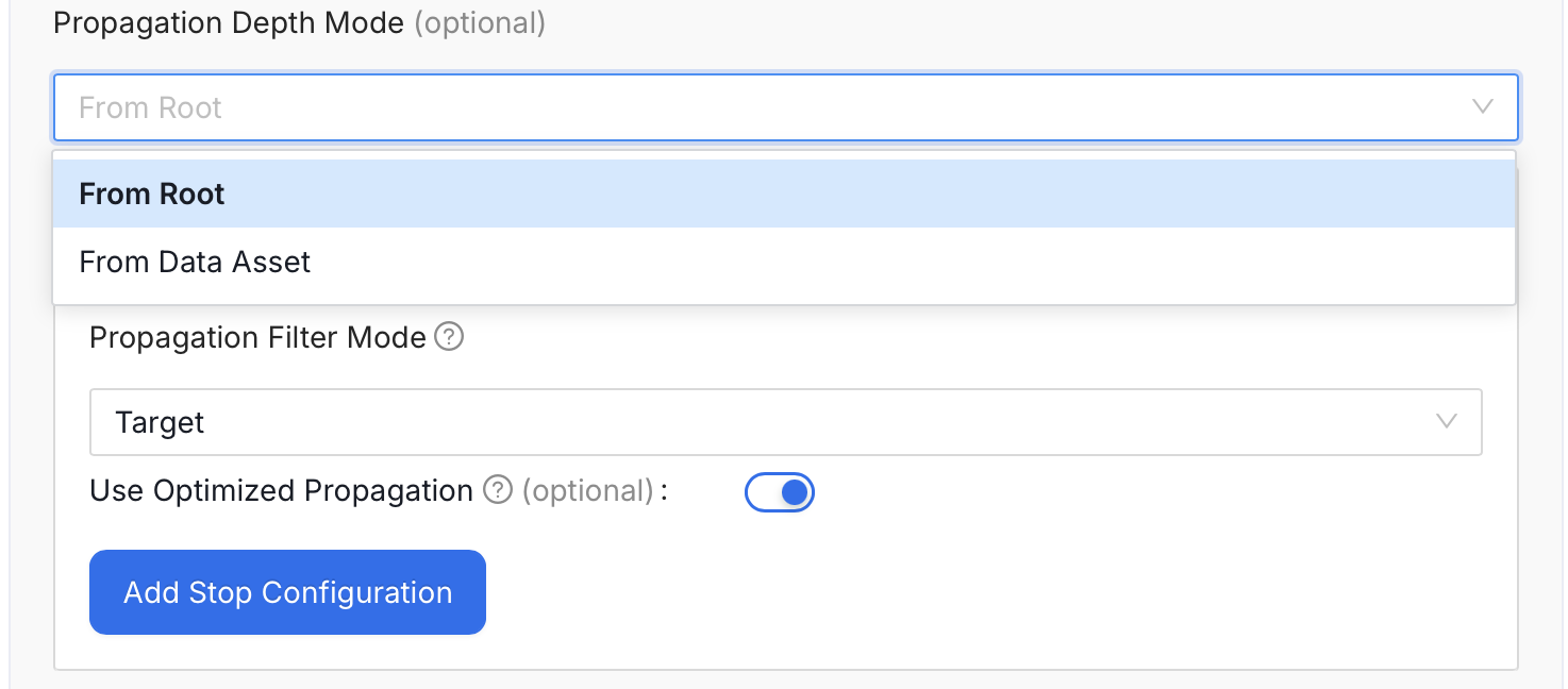 Propagation Depth Mode dropdown shown in Target mode with Root and Data Asset options