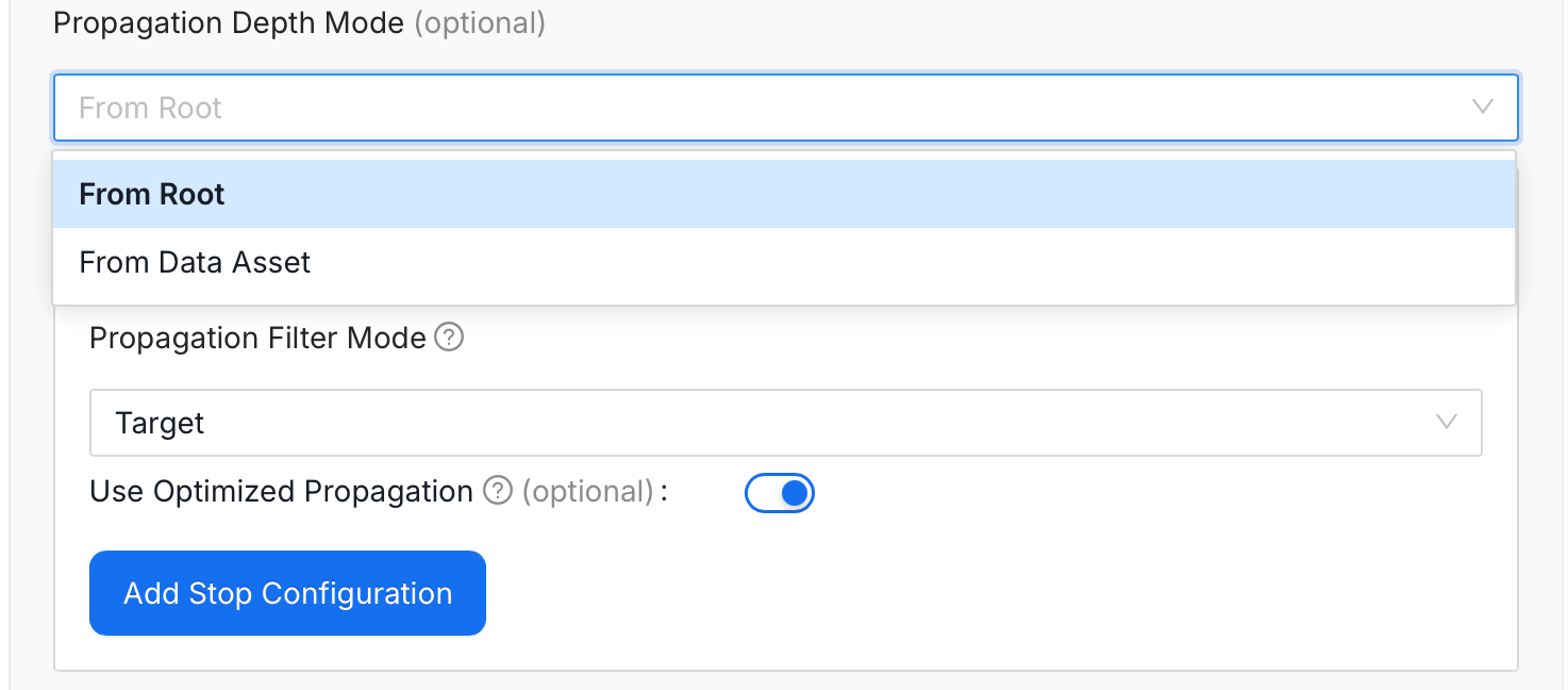 Propagation Depth Mode dropdown shown in Target mode with Root and Data Asset options