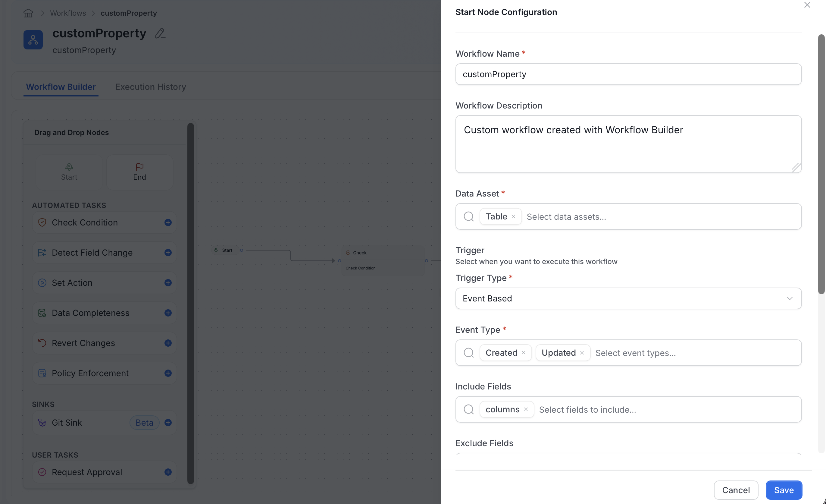 Start node configured to monitor the columns field on Tables