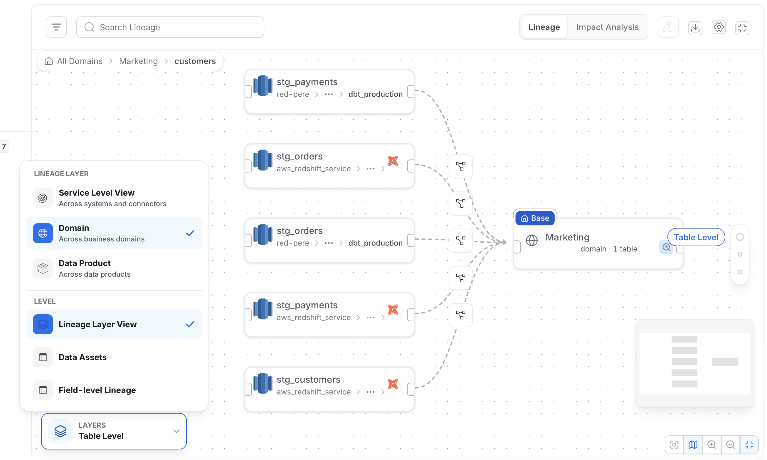Lineage map grouped by domain with the Domain layer selected