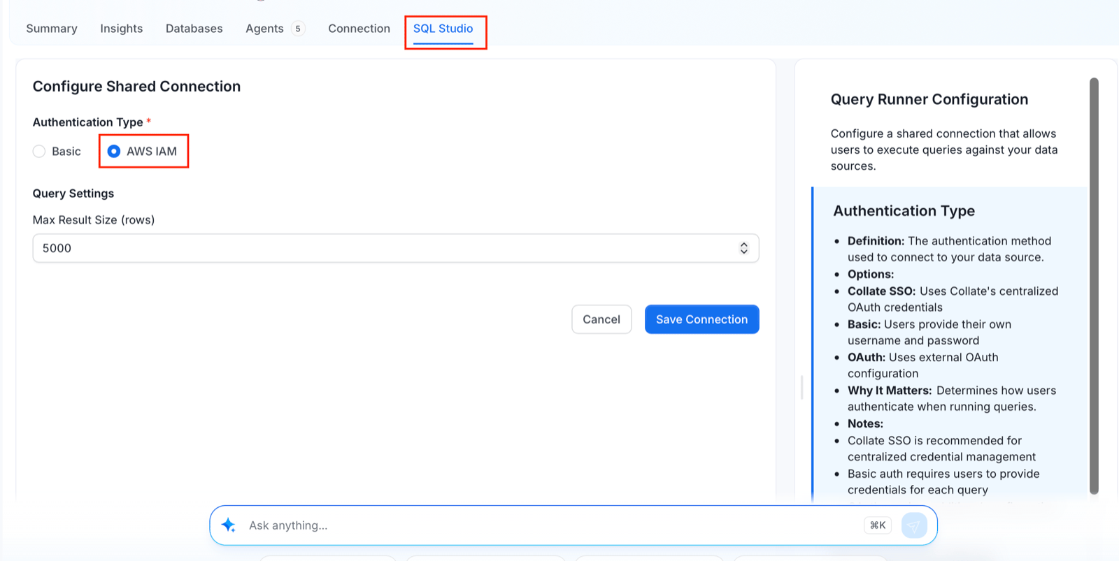 Redshift Configure Shared Connection form with AWS IAM selected as Authentication Type