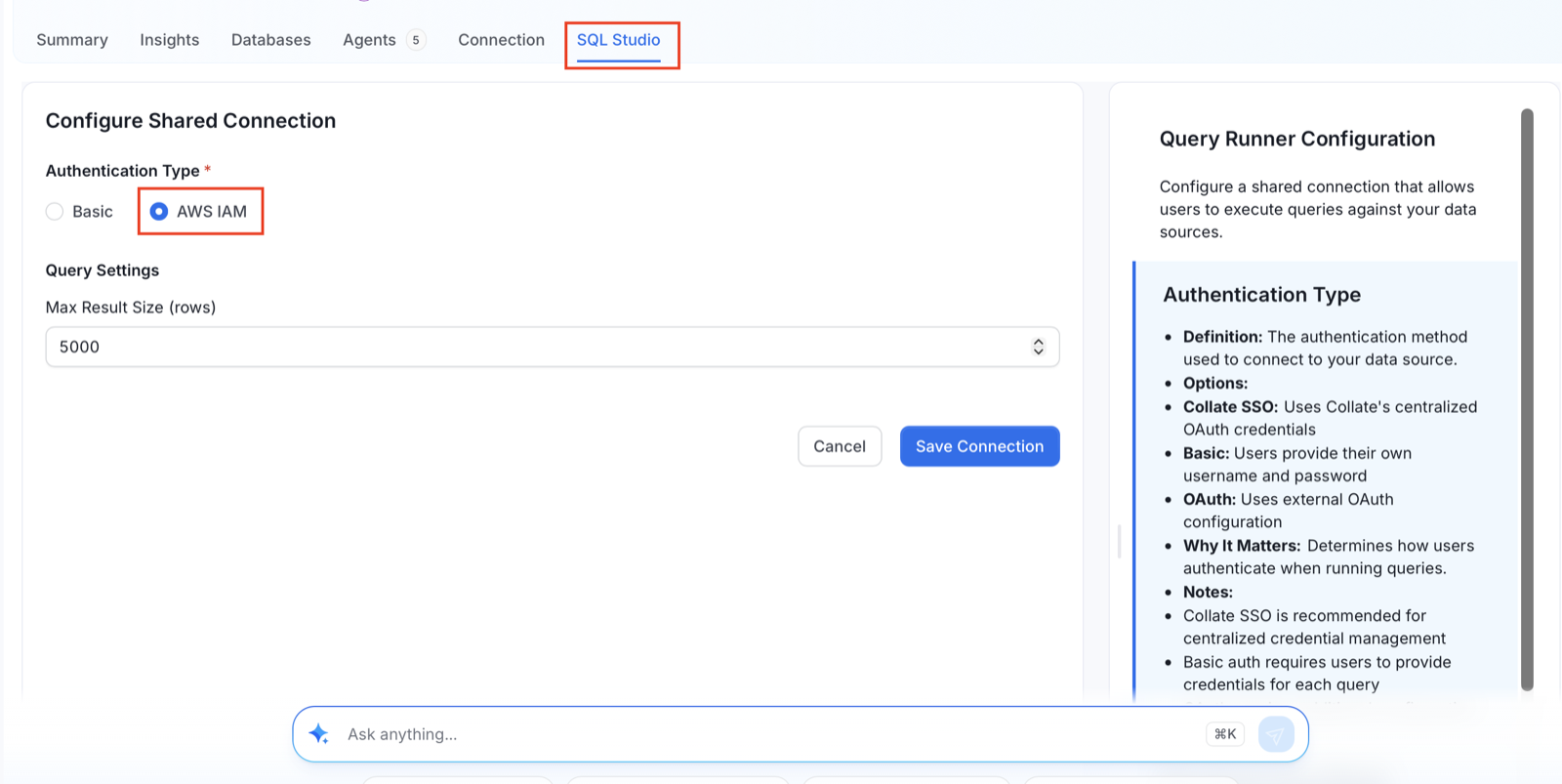Redshift Configure Shared Connection form with AWS IAM selected as Authentication Type