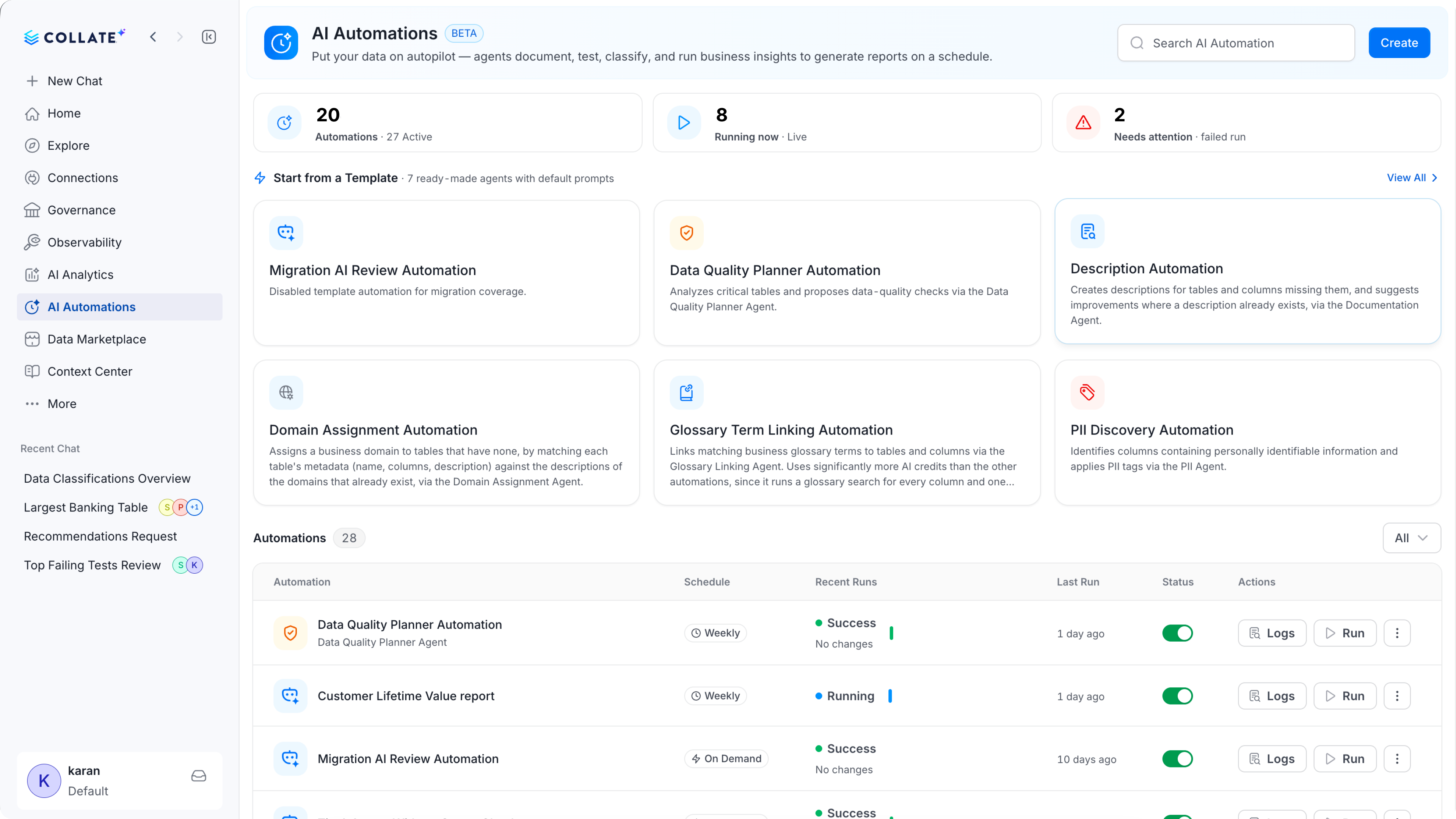 AI Automations page listing automation templates and runs