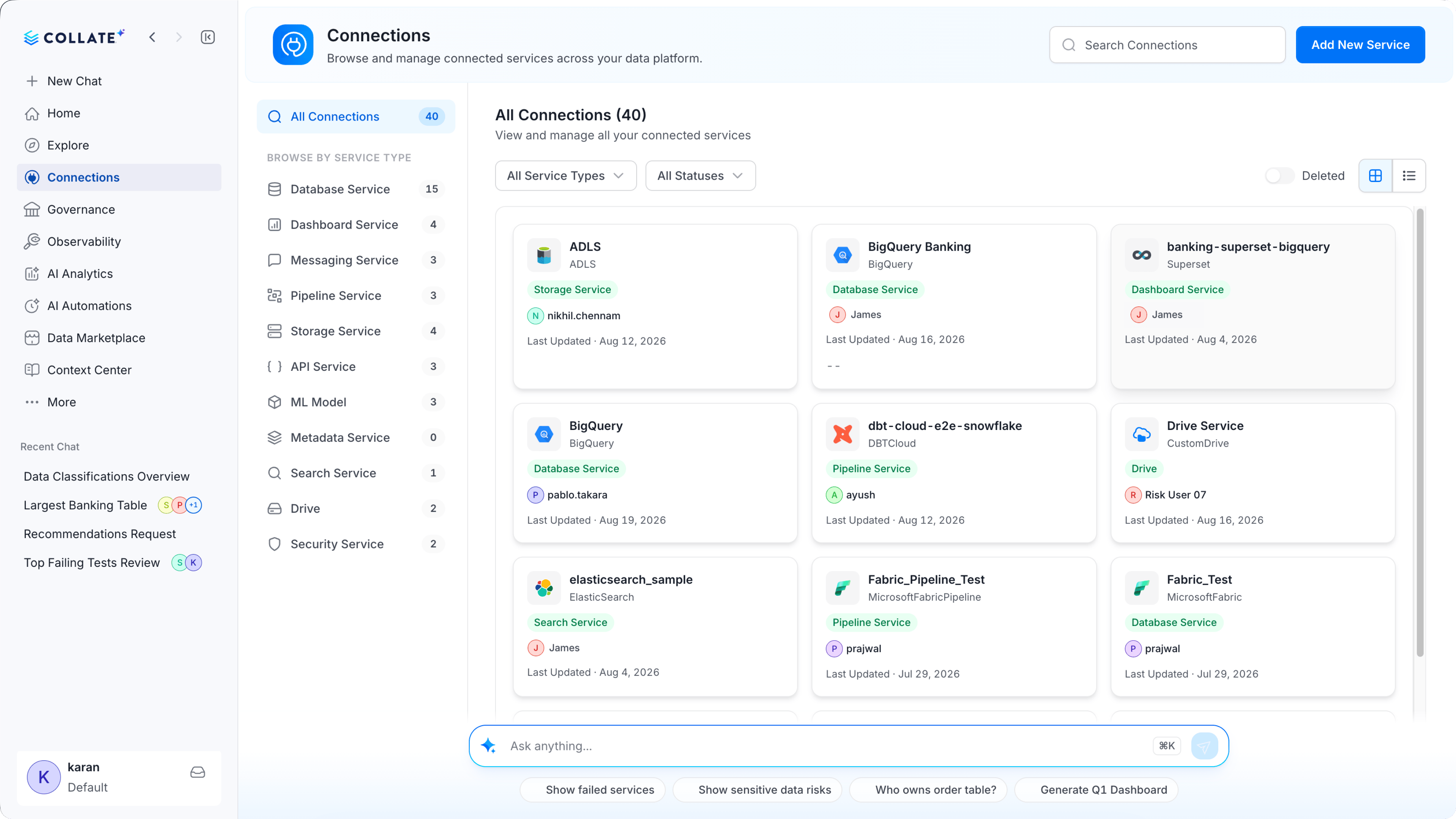 Connections page listing connected services