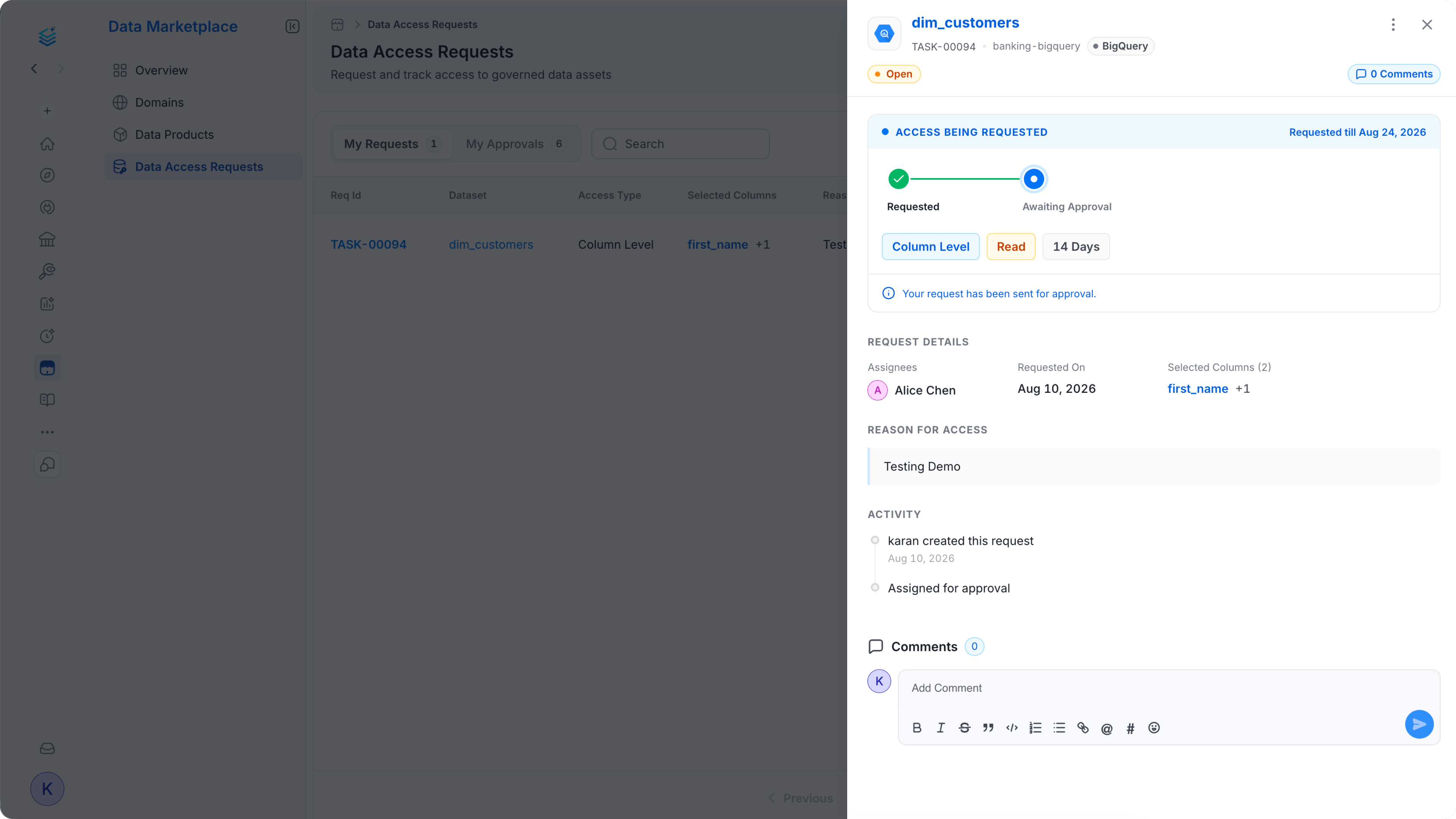 Data Marketplace access request detail panel