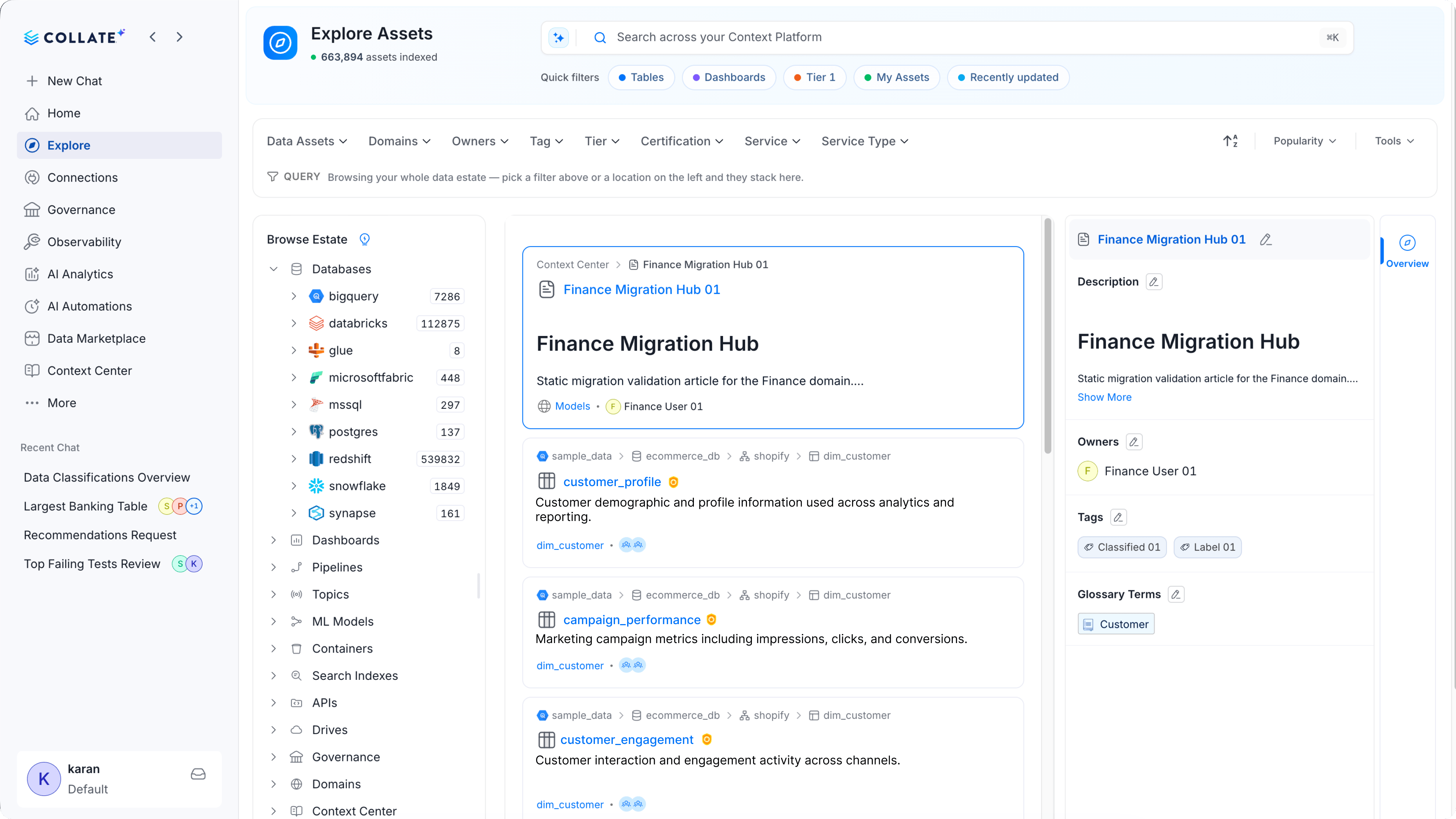 Explore Assets page showing the catalog browser