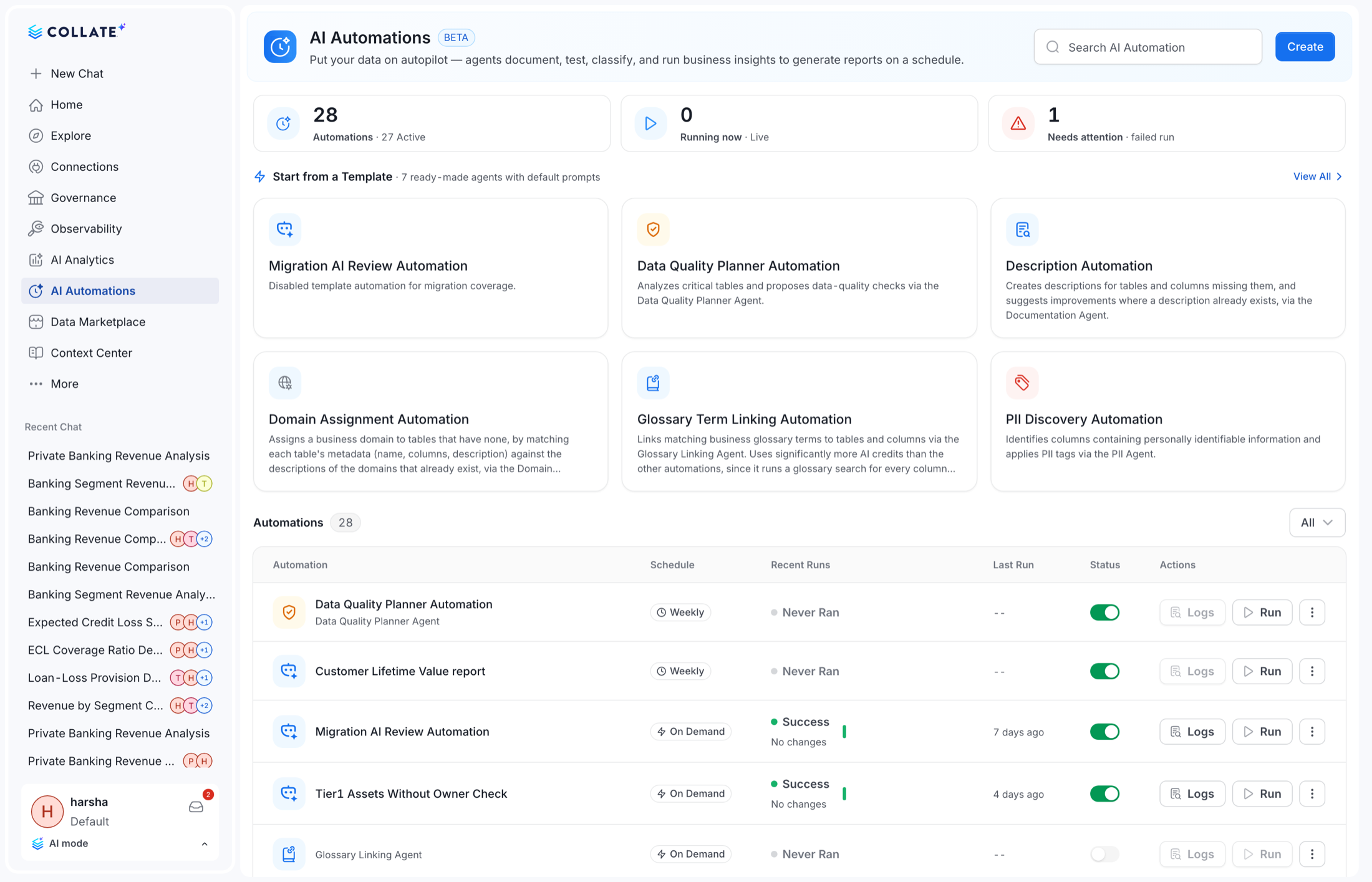 The AI Automations listing in Collate 2.0 AI Mode