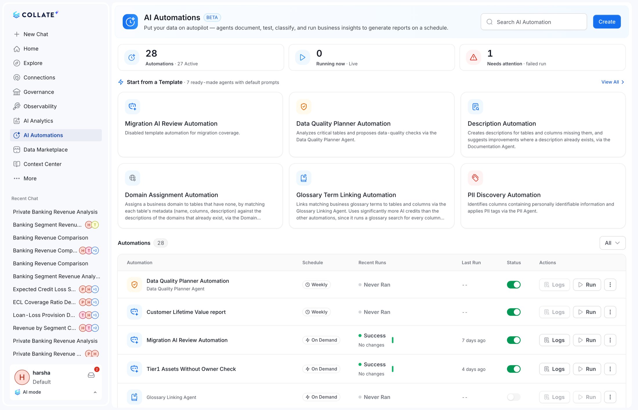 The AI Automations listing in Collate 2.0 AI Mode