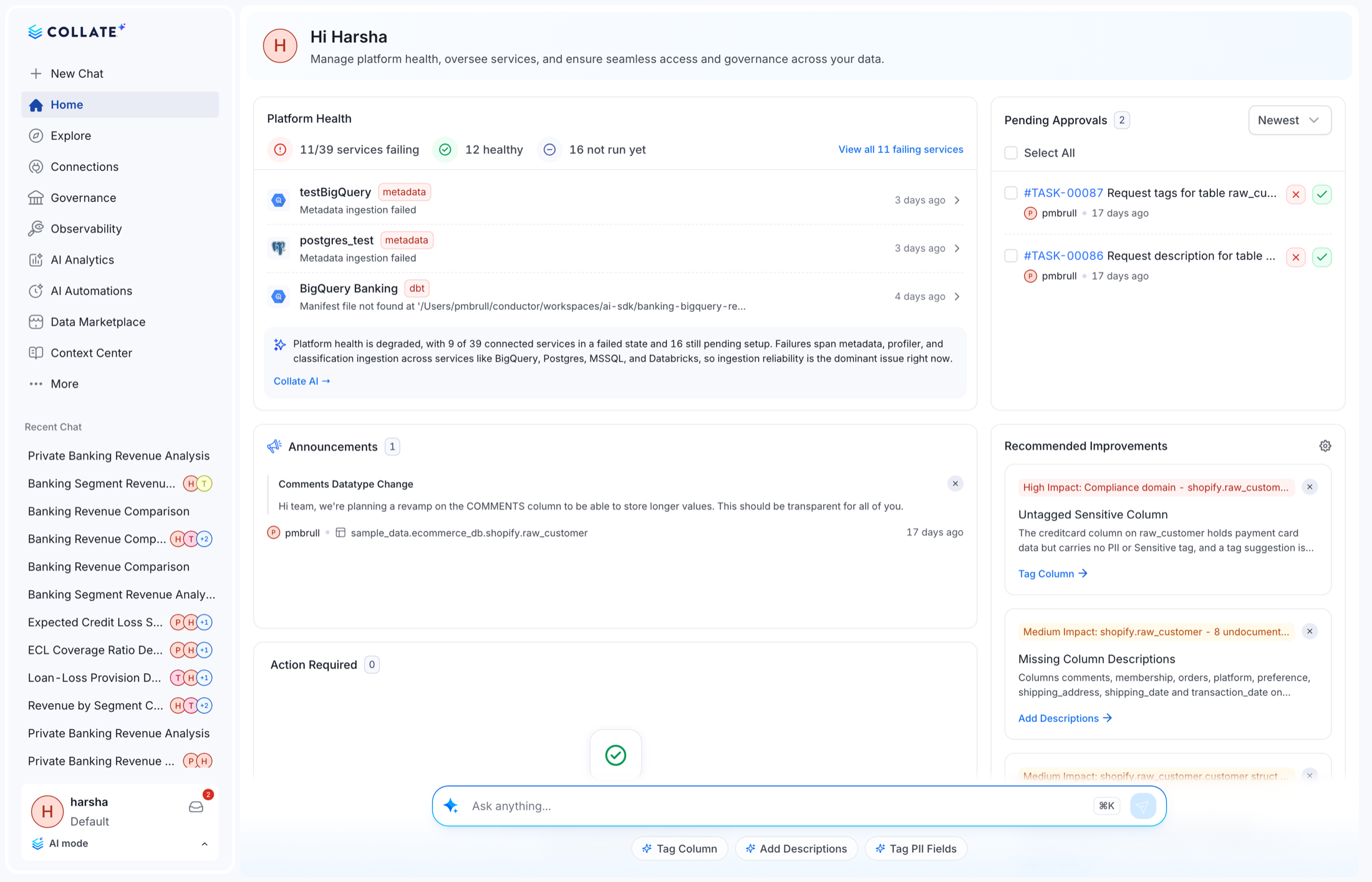 Collate 2.0 AI Mode home, showing the AI sidebar, Platform Health, Pending Approvals, Announcements and Recommended Improvements alongside the Ask anything prompt