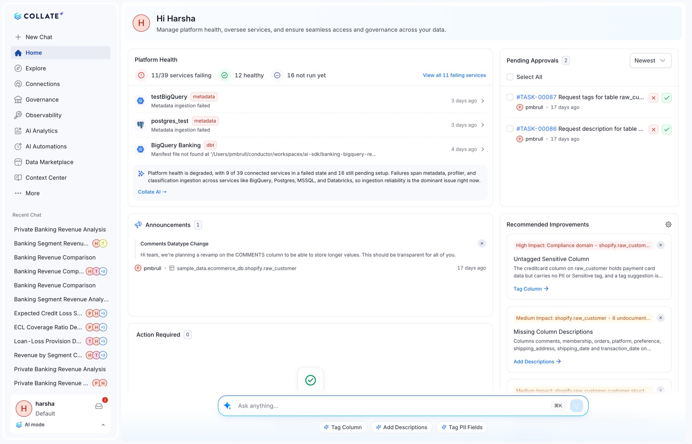 Collate 2.0 AI Mode home, showing the AI sidebar, Platform Health, Pending Approvals, Announcements and Recommended Improvements alongside the Ask anything prompt