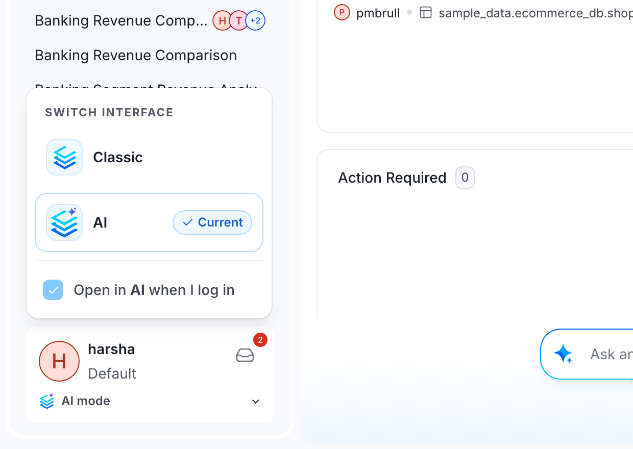 The Switch Interface menu showing Classic and AI options, with AI marked Current and an Open in AI when I log in checkbox