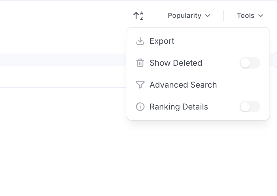 Explore Tools menu showing Export, Show Deleted, Advanced Search and the new Ranking Details toggle