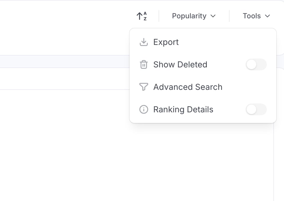 Explore Tools menu showing Export, Show Deleted, Advanced Search and the new Ranking Details toggle