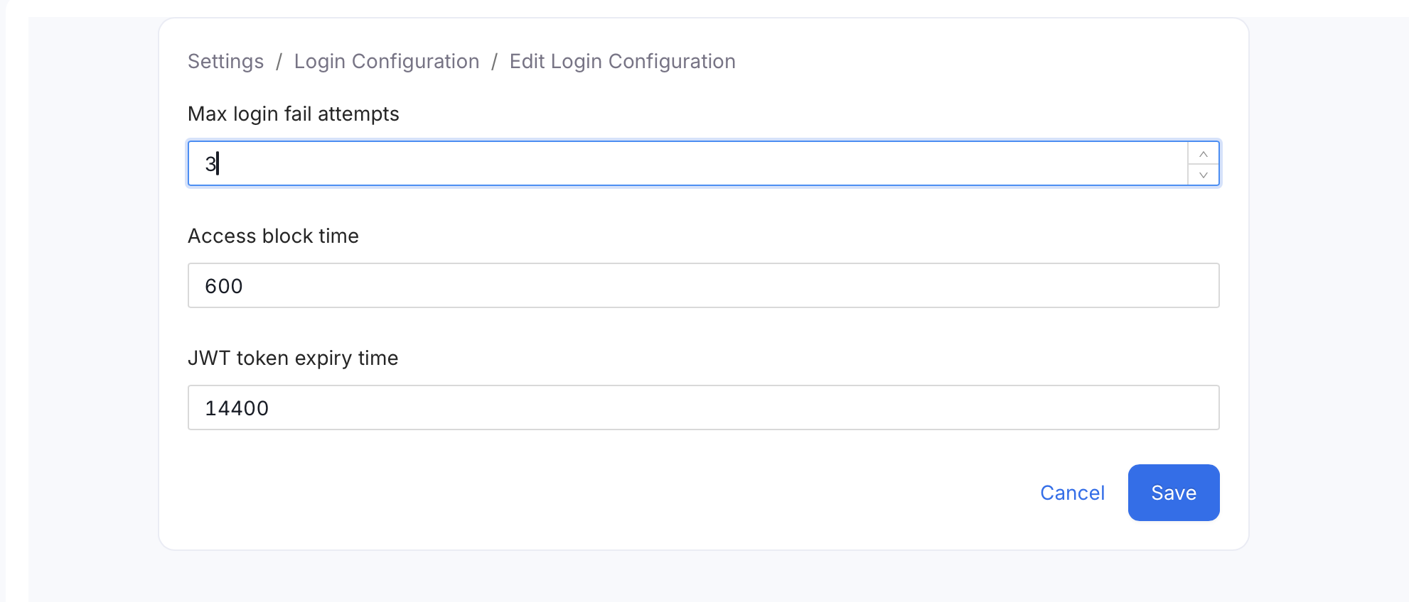 Edit Login Configuration form