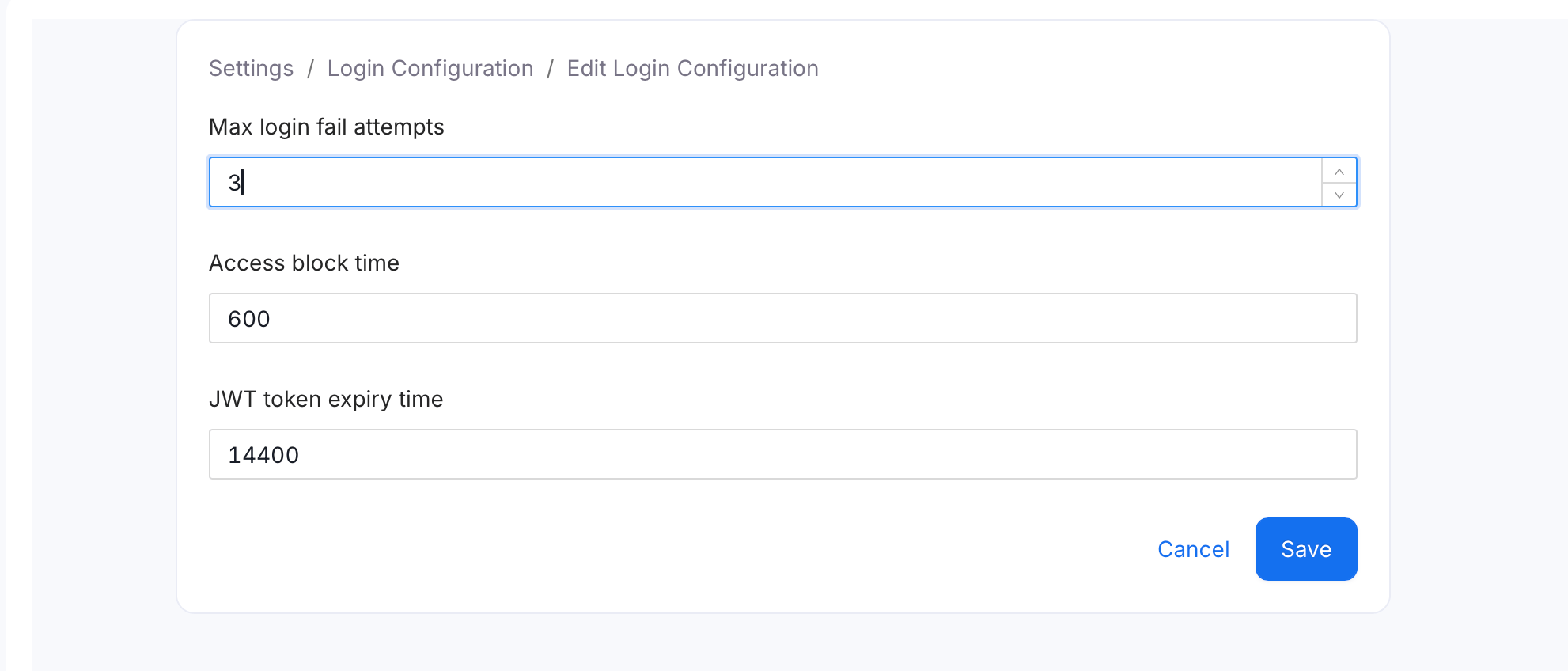 Edit Login Configuration form