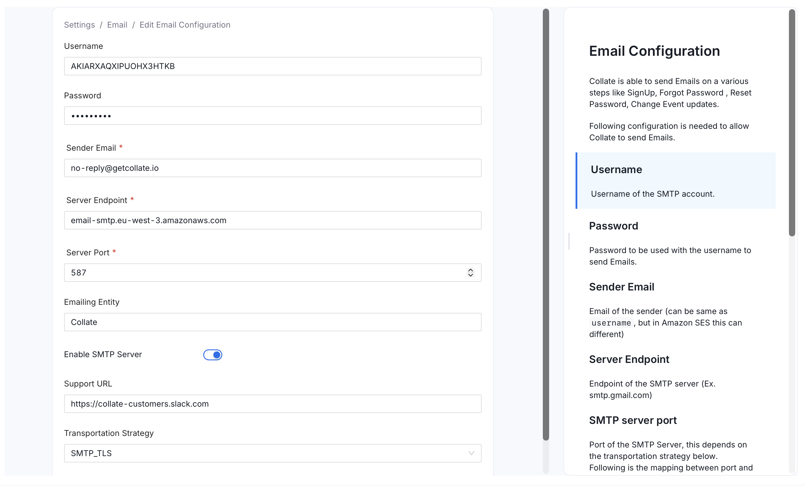 Edit Email Configuration form