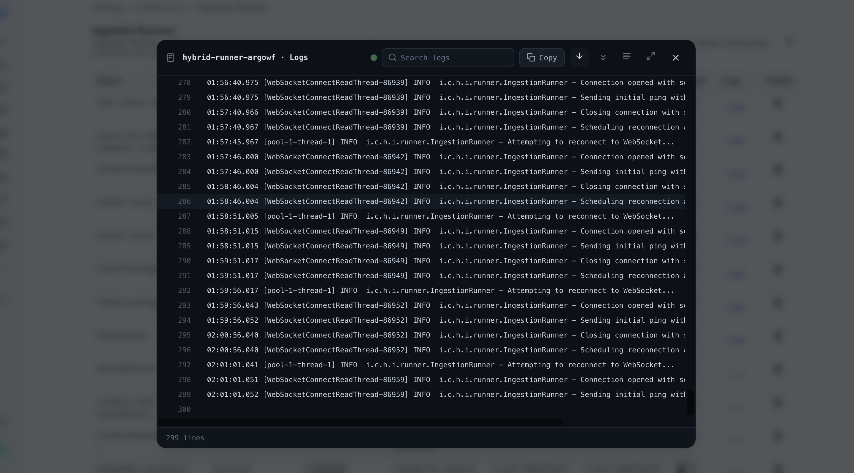 Runner logs modal
