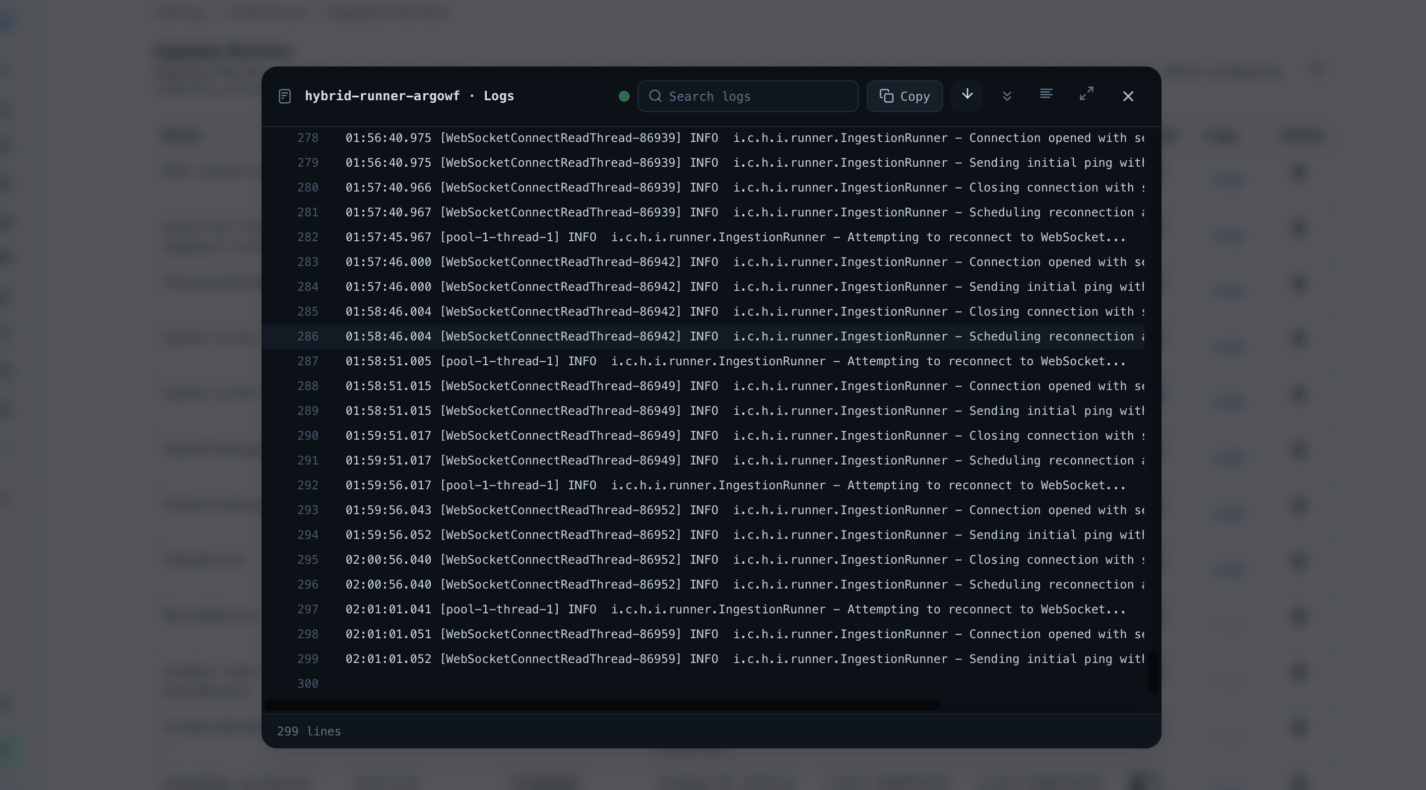 Runner logs modal