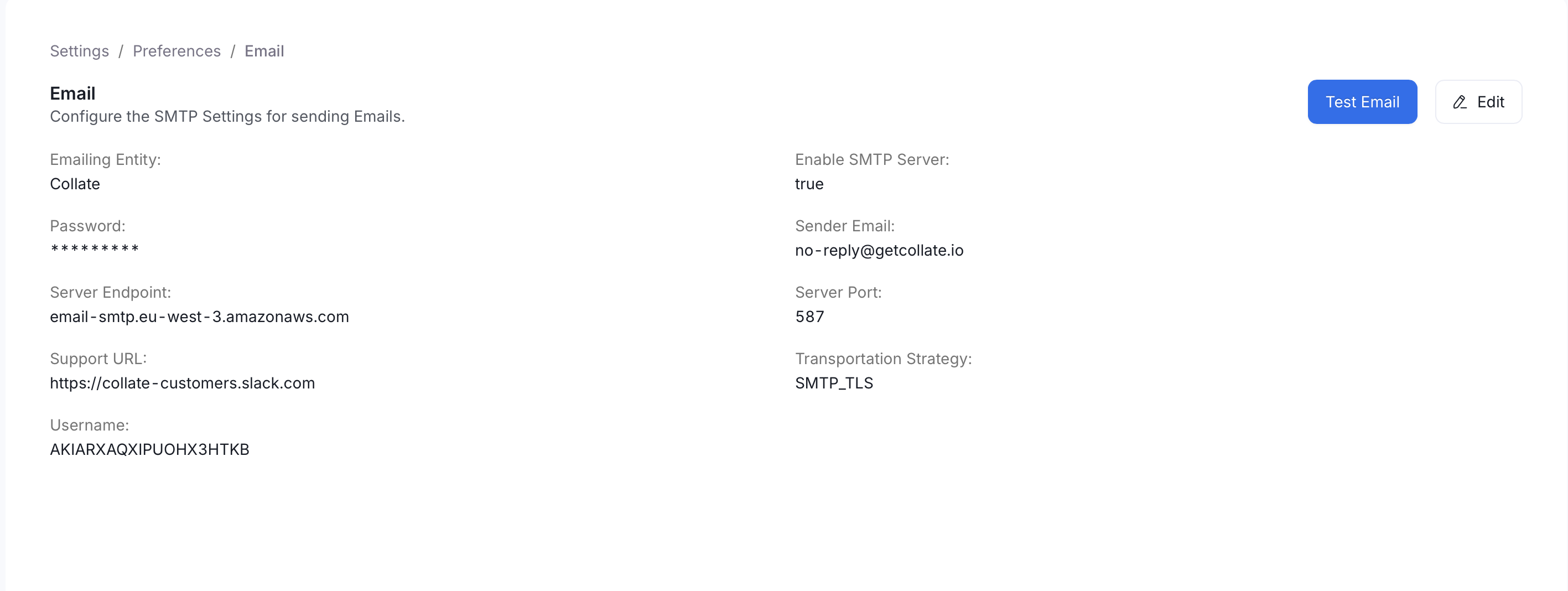 Email settings page with Test Email and Edit buttons
