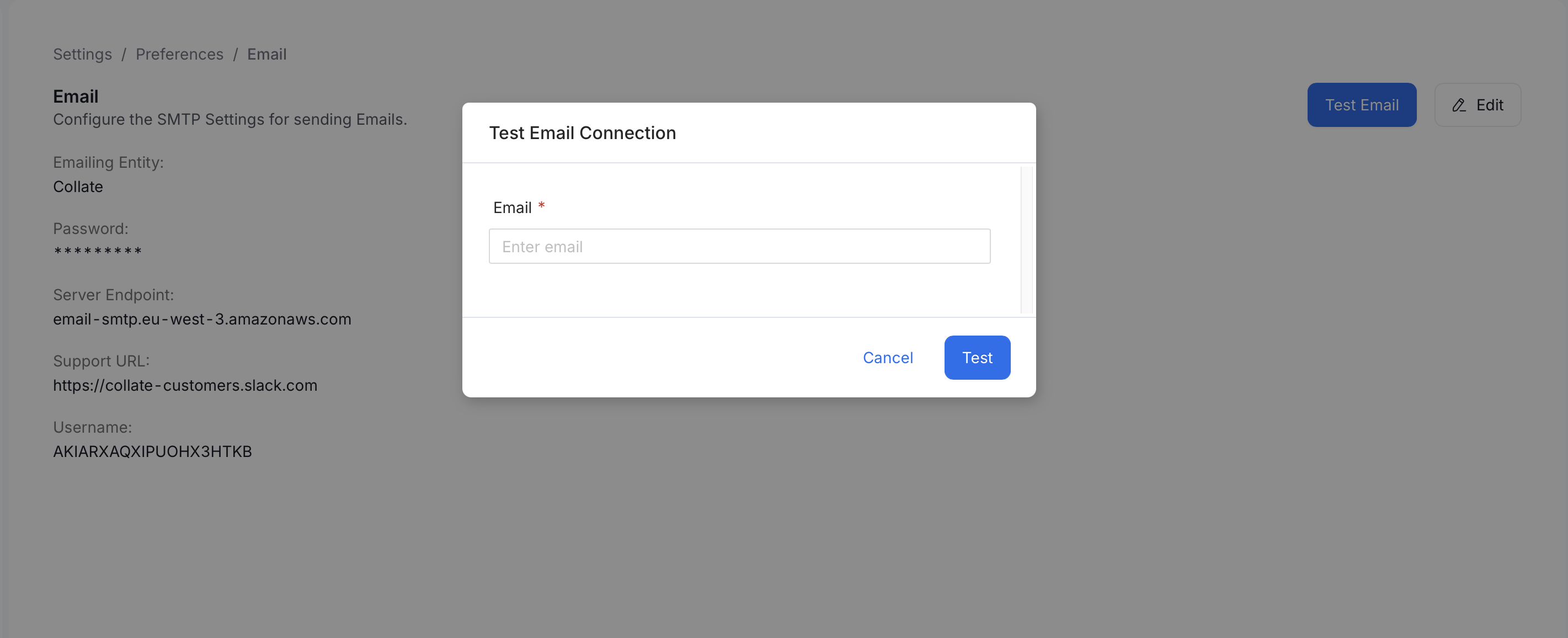 Test Email Connection dialog