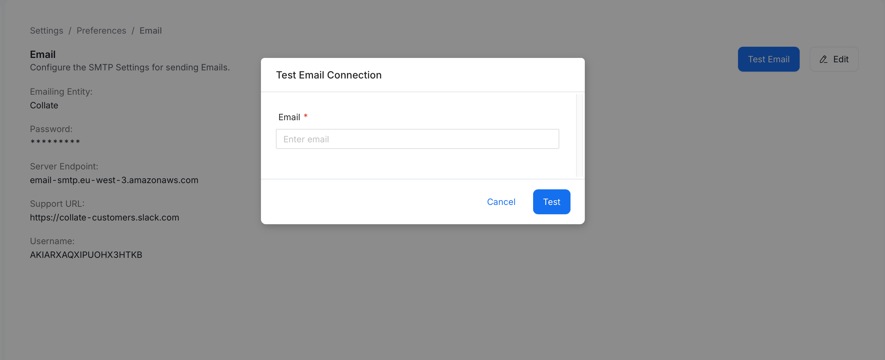 Test Email Connection dialog