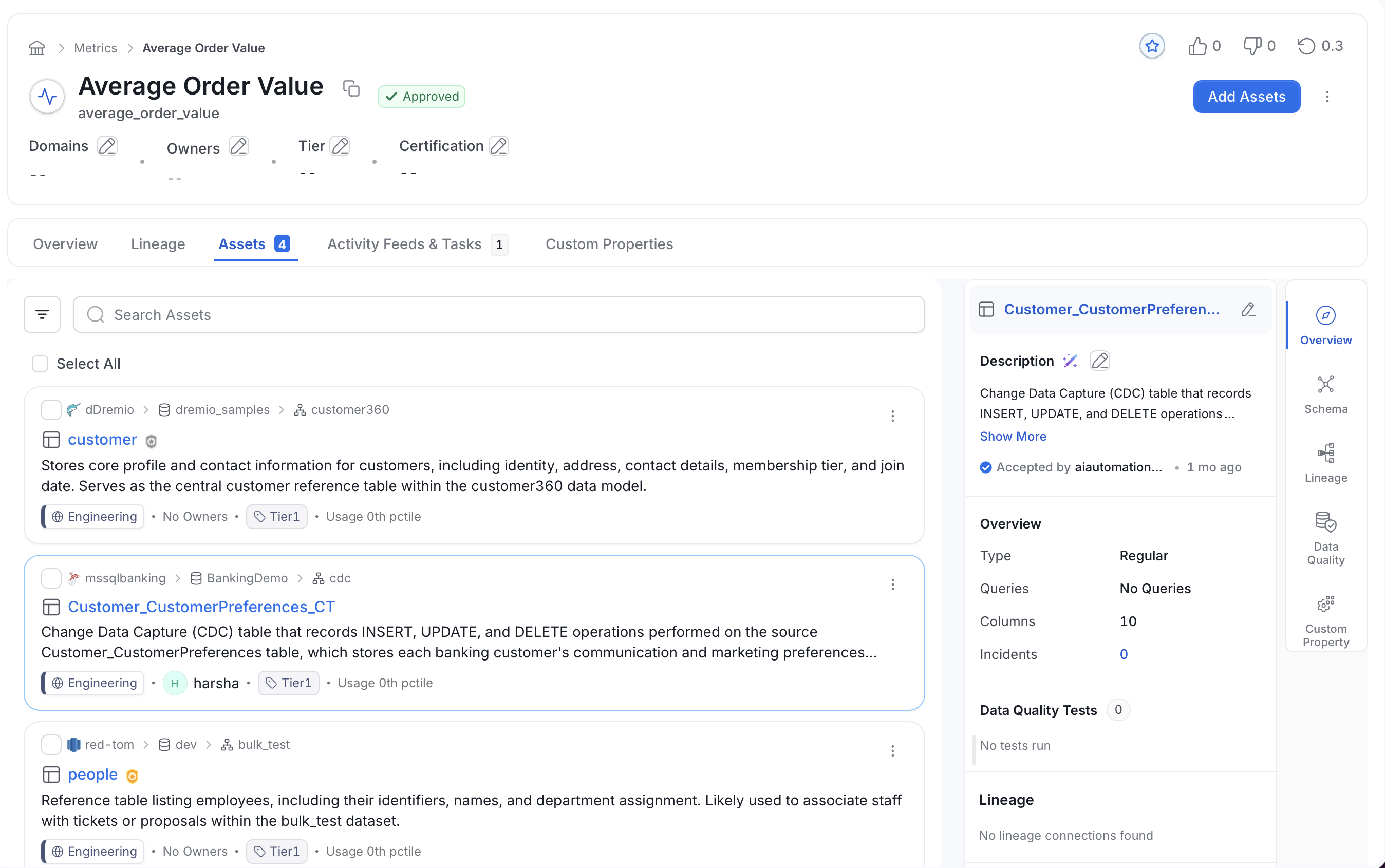 Assets tab of a metric with the asset preview panel