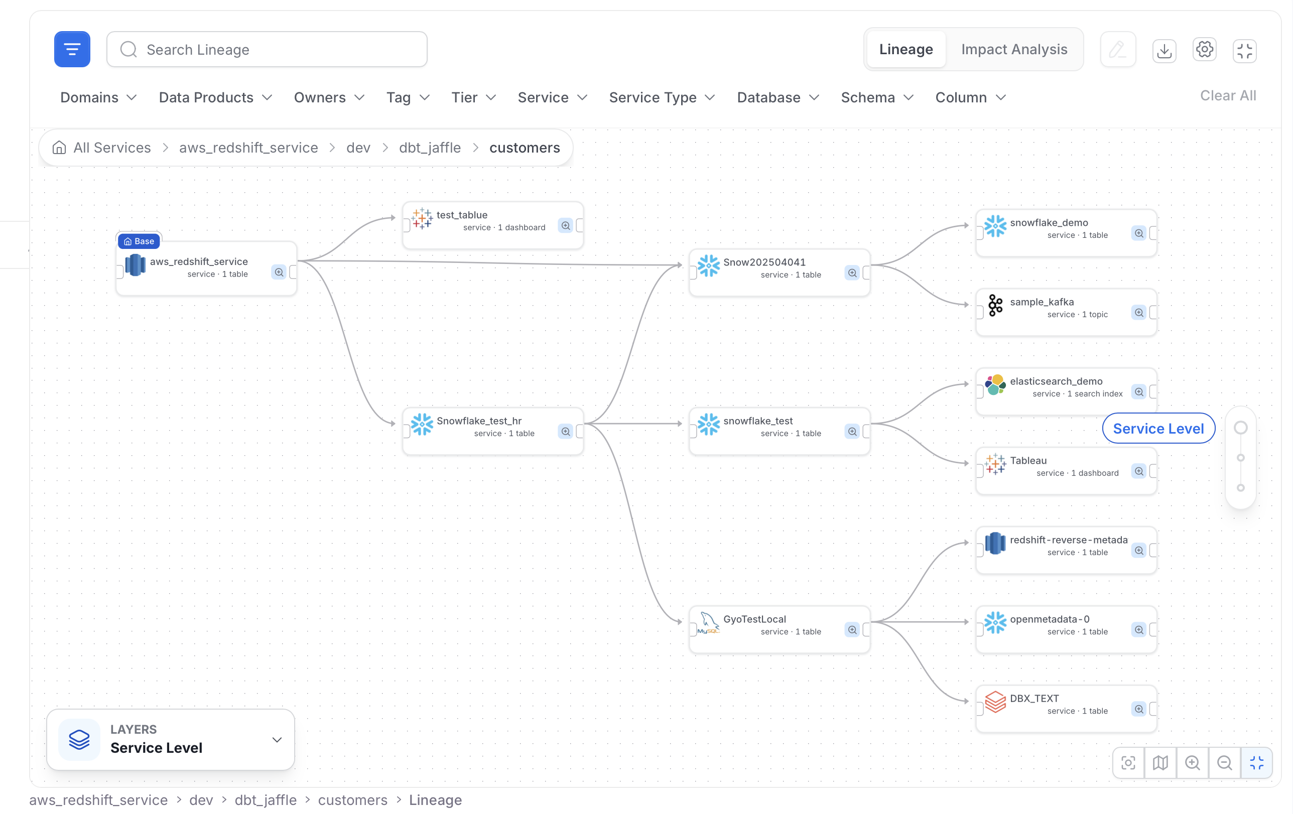 Lineage map grouped by service