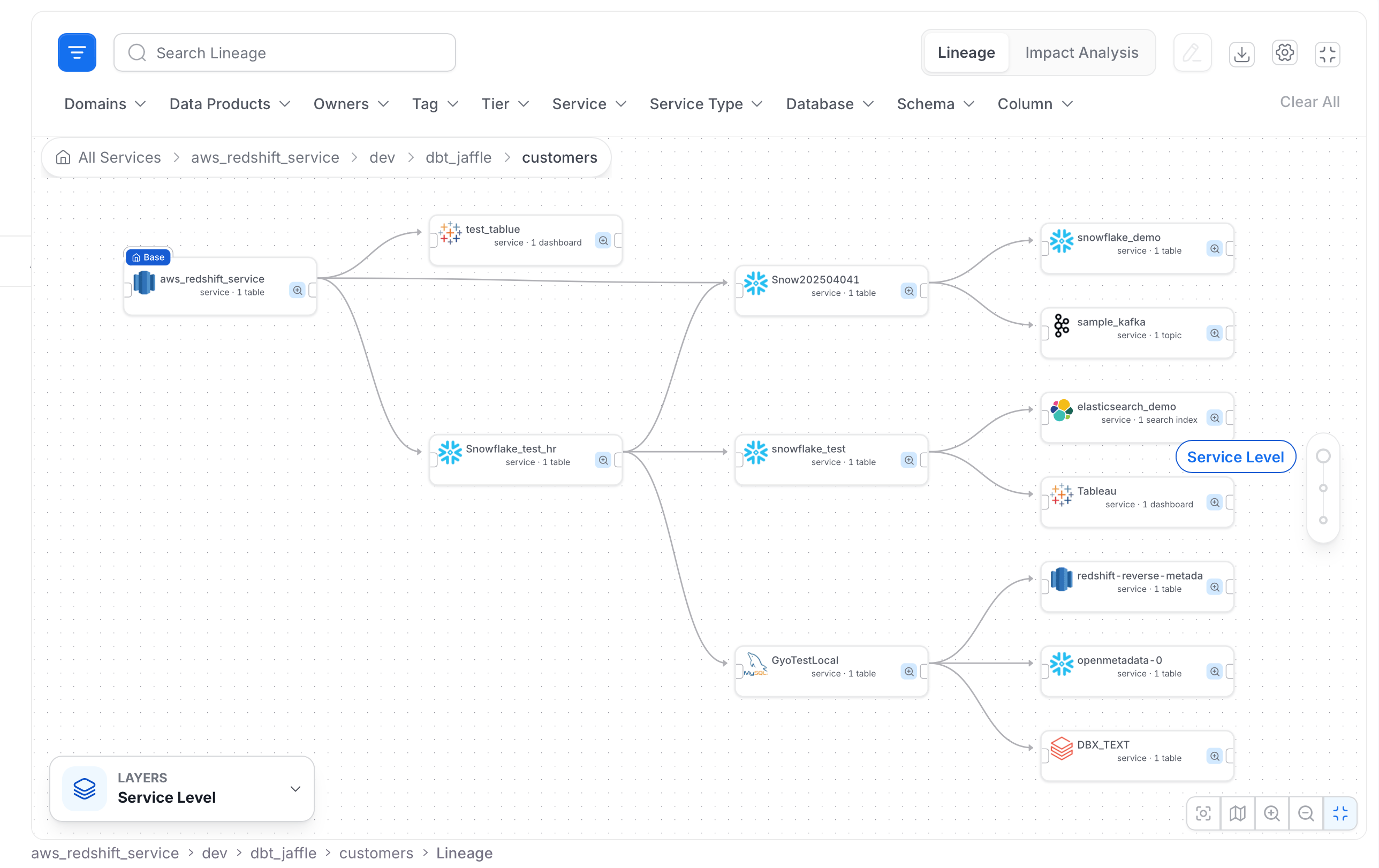 Lineage map grouped by service