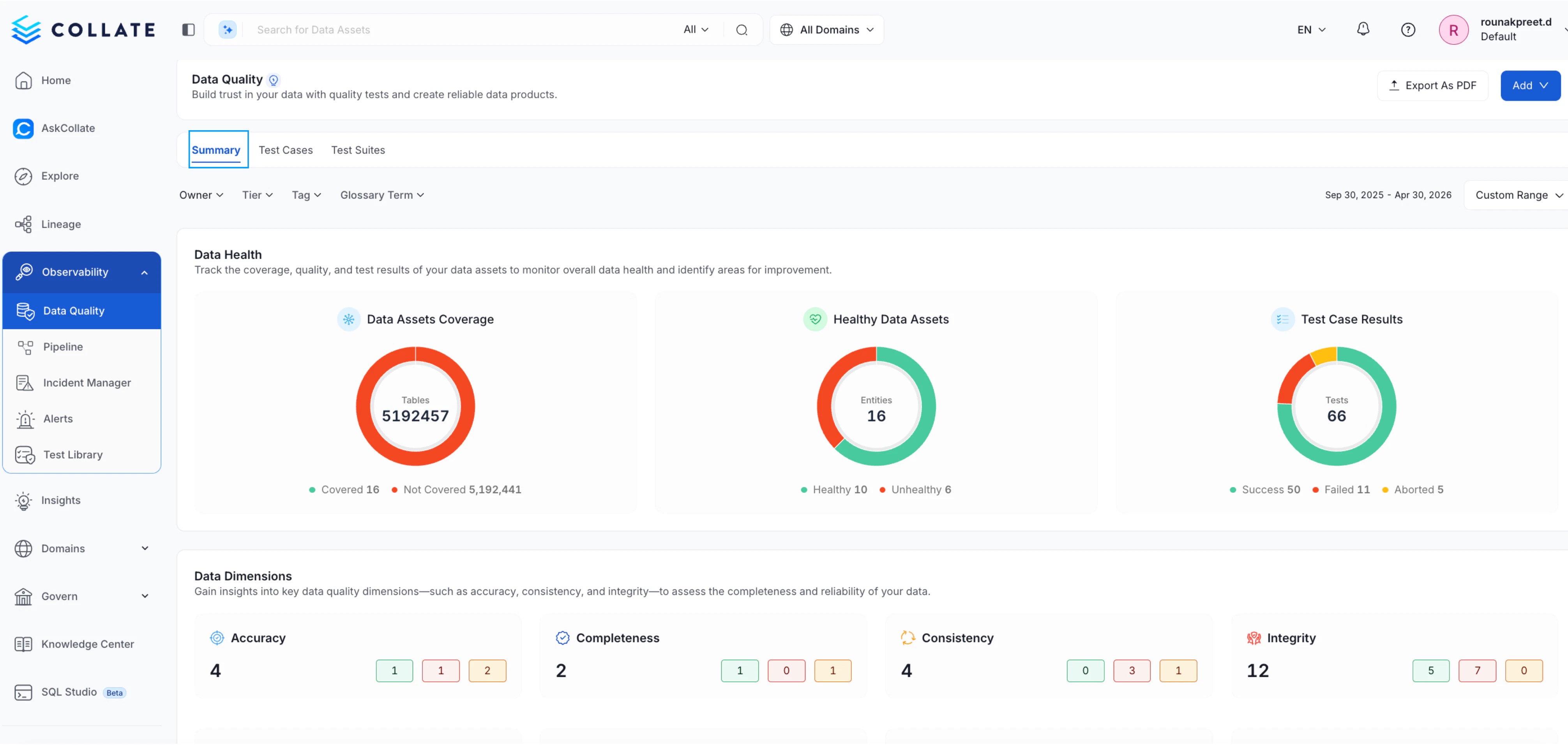 Data Quality Summary Dashboard showing Data Health and Data Dimensions