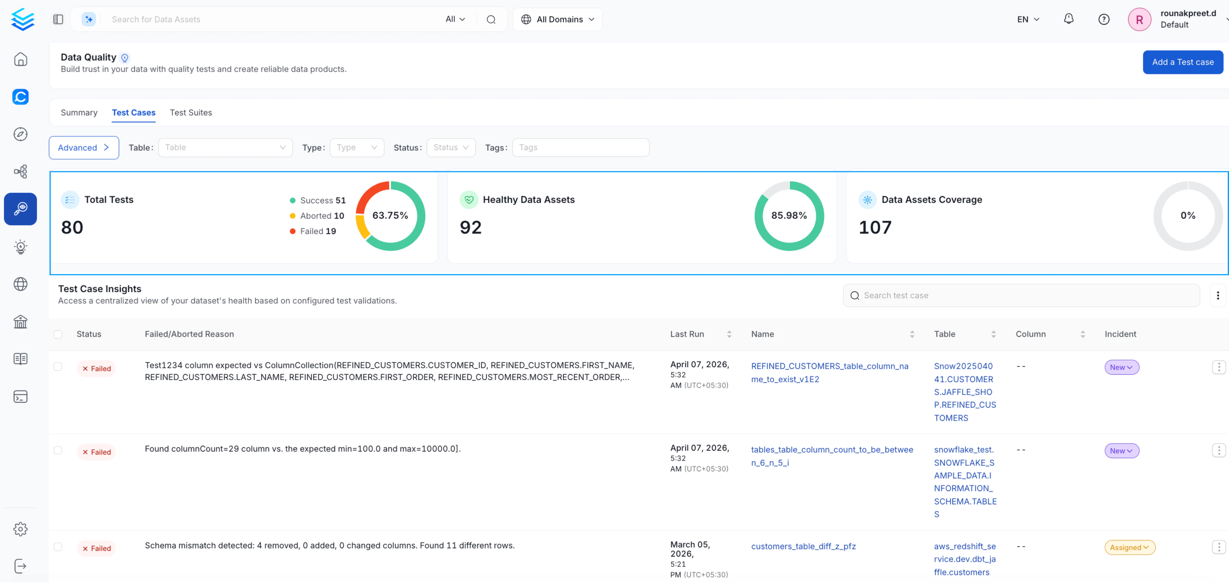 Test Cases tab showing Test Case Insights with individual test results