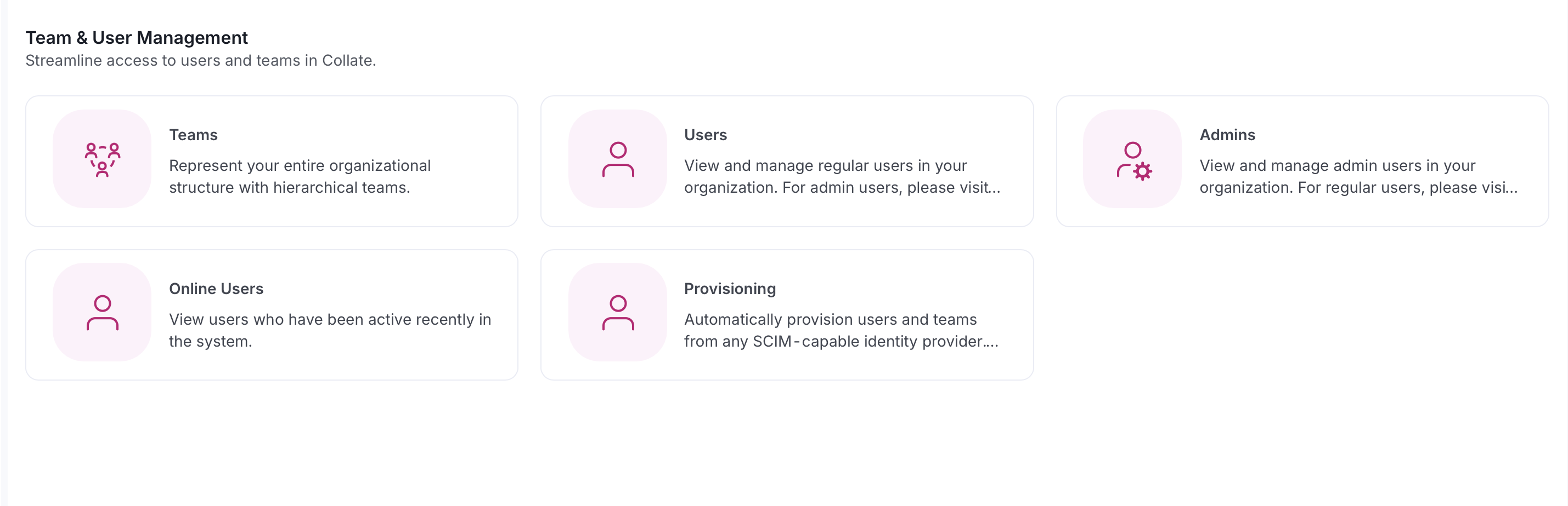 Team and User Management page with the Teams, Users, Admins, Online Users, and Provisioning cards