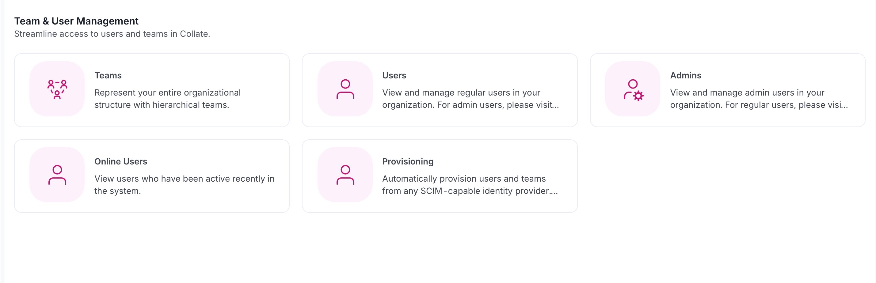 Team and User Management page with the Teams, Users, Admins, Online Users, and Provisioning cards
