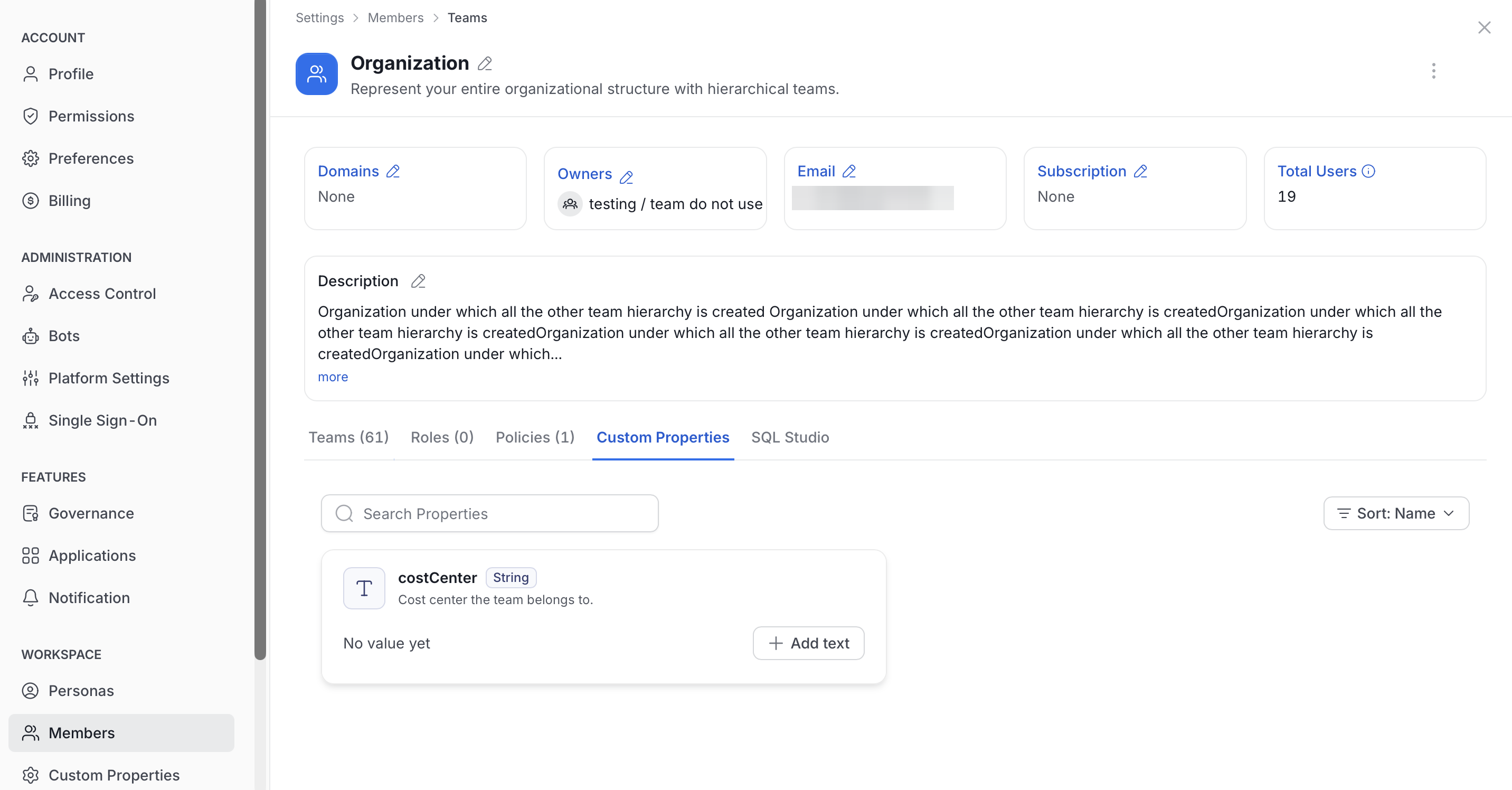 Team page opened from Members in the Profile page, with the Custom Properties tab selected