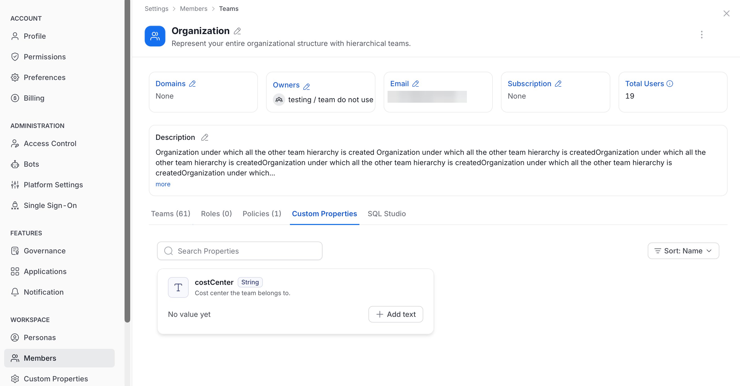 Team page opened from Members in the Profile page, with the Custom Properties tab selected