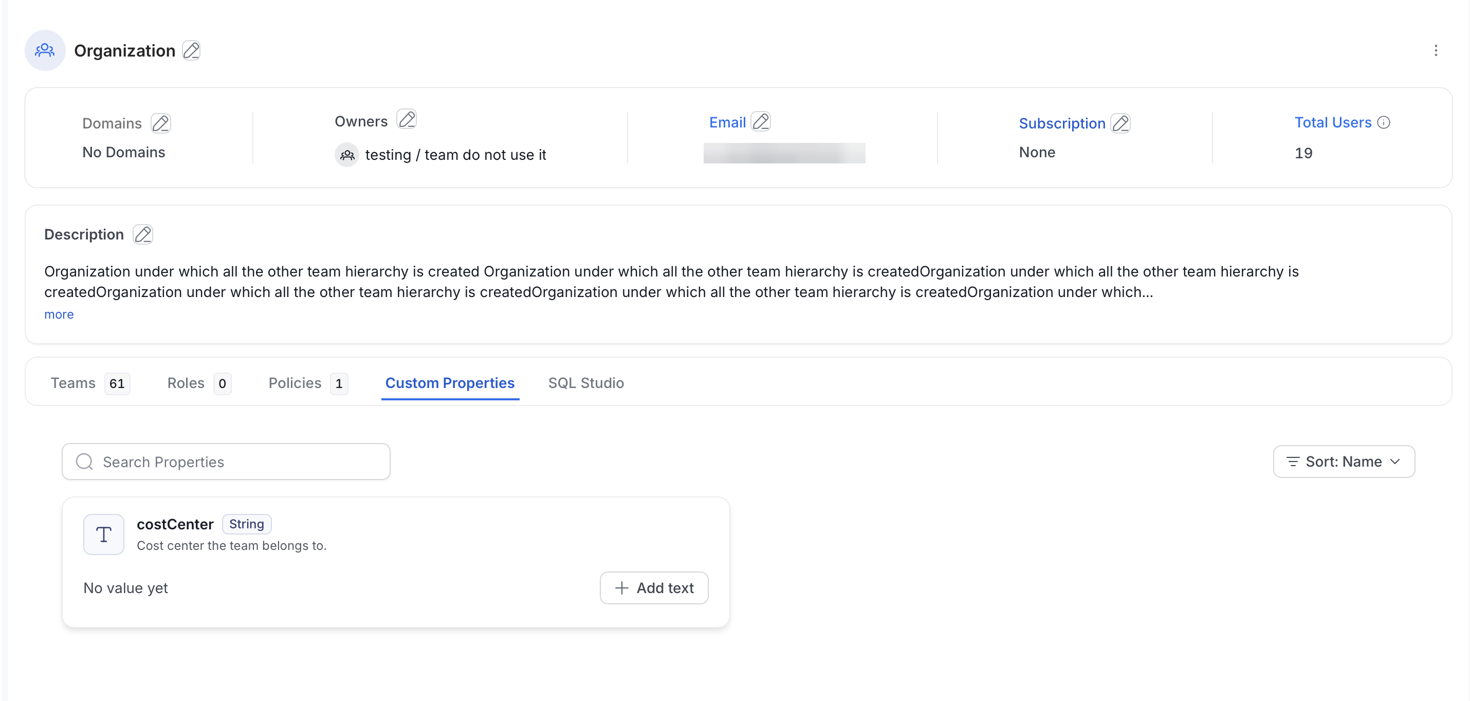 Team Custom Properties tab with a costCenter property and an Add text button