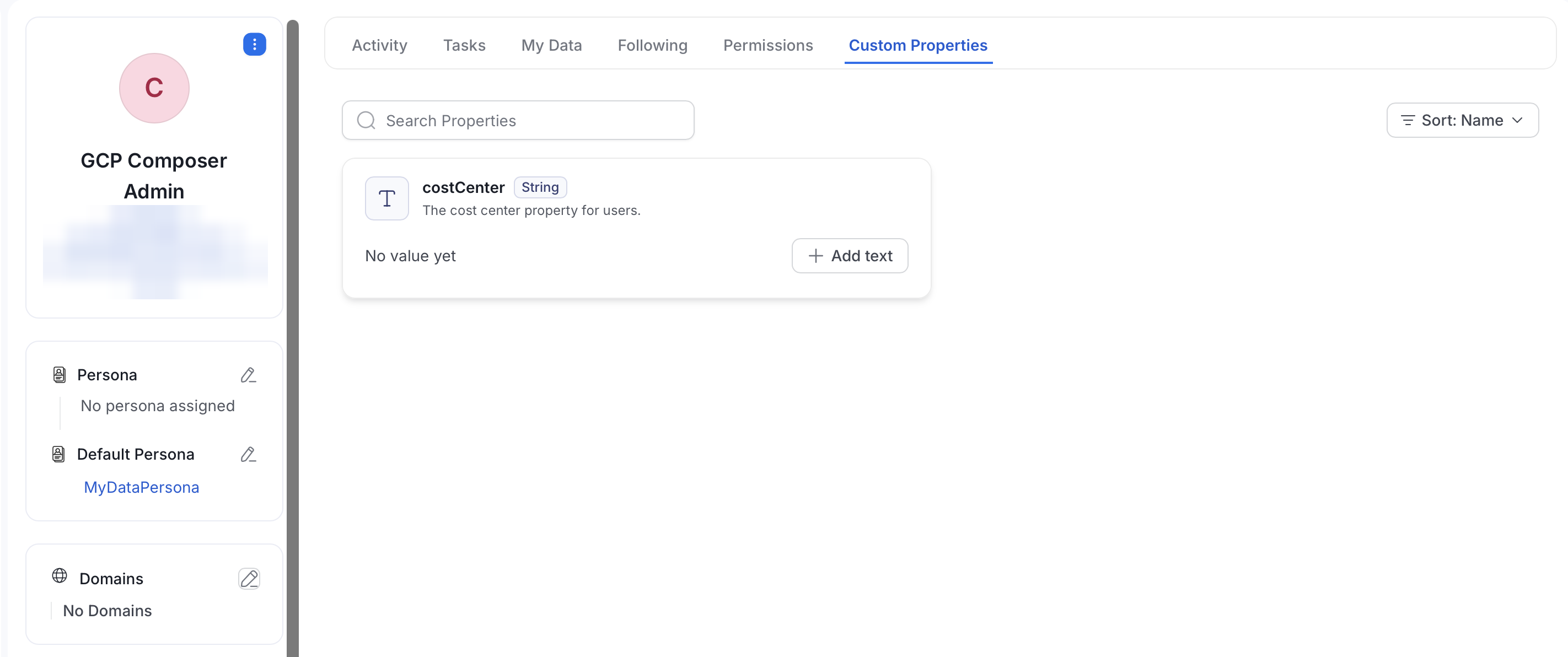 User page with the Custom Properties tab showing a costCenter property and an Add text button