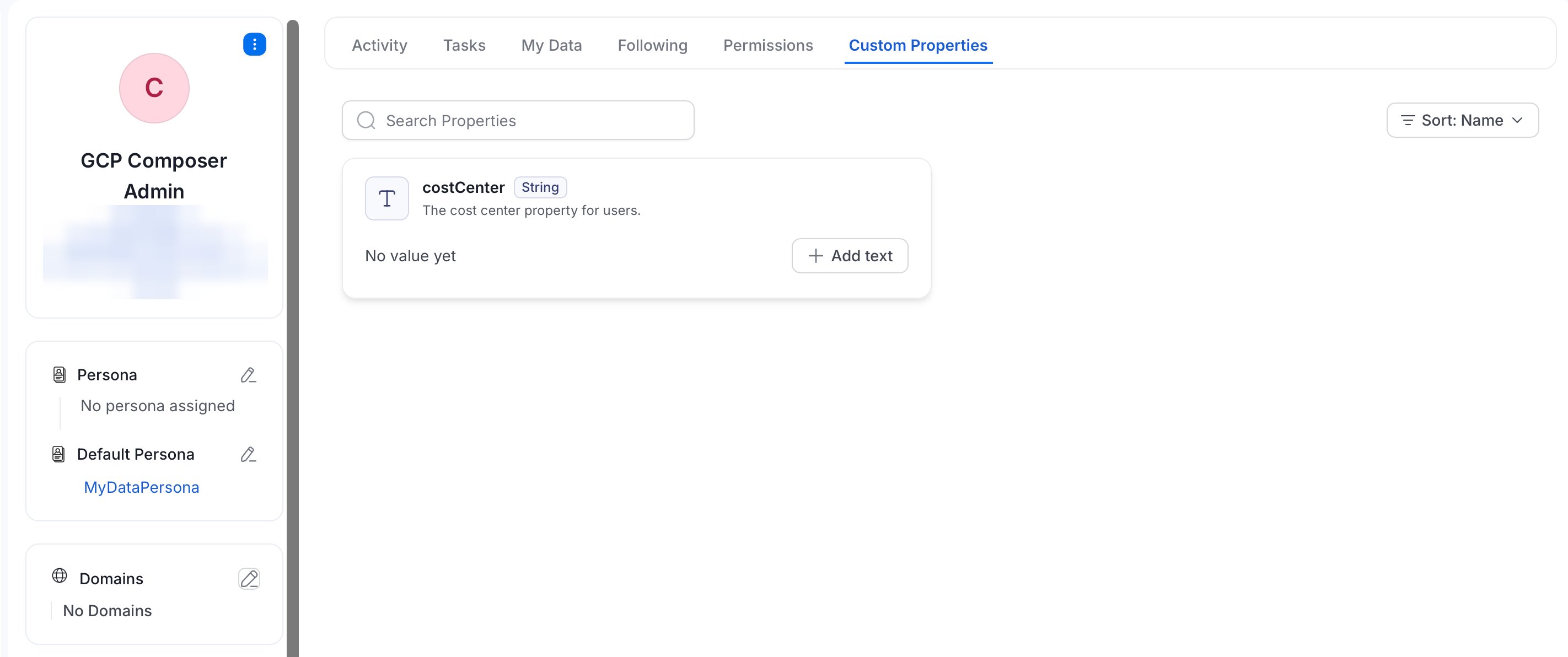 User page with the Custom Properties tab showing a costCenter property and an Add text button