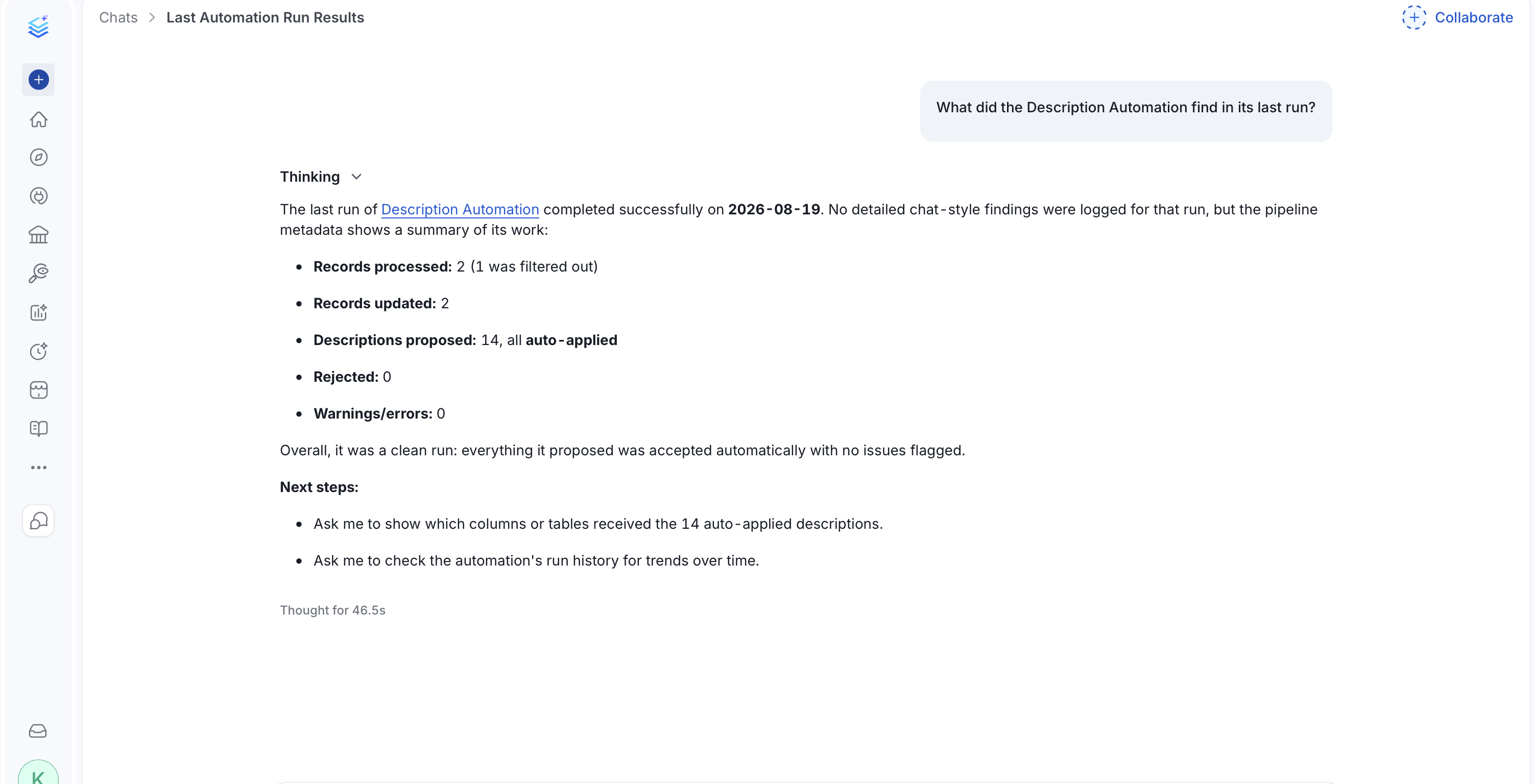 Collate AI chat reporting a Description Automation run's findings