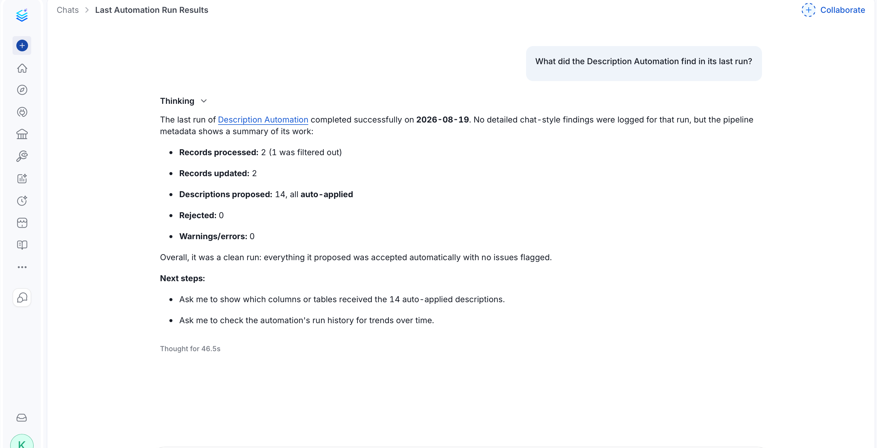 Collate AI chat reporting a Description Automation run's findings