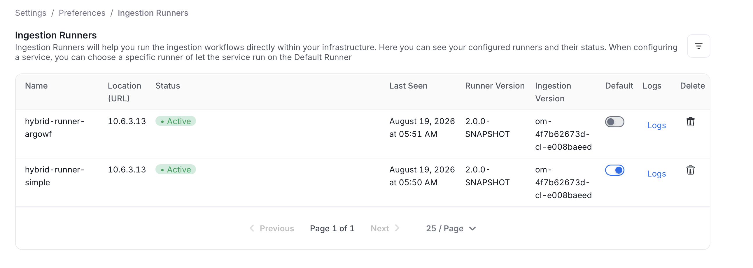 Ingestion Runner List